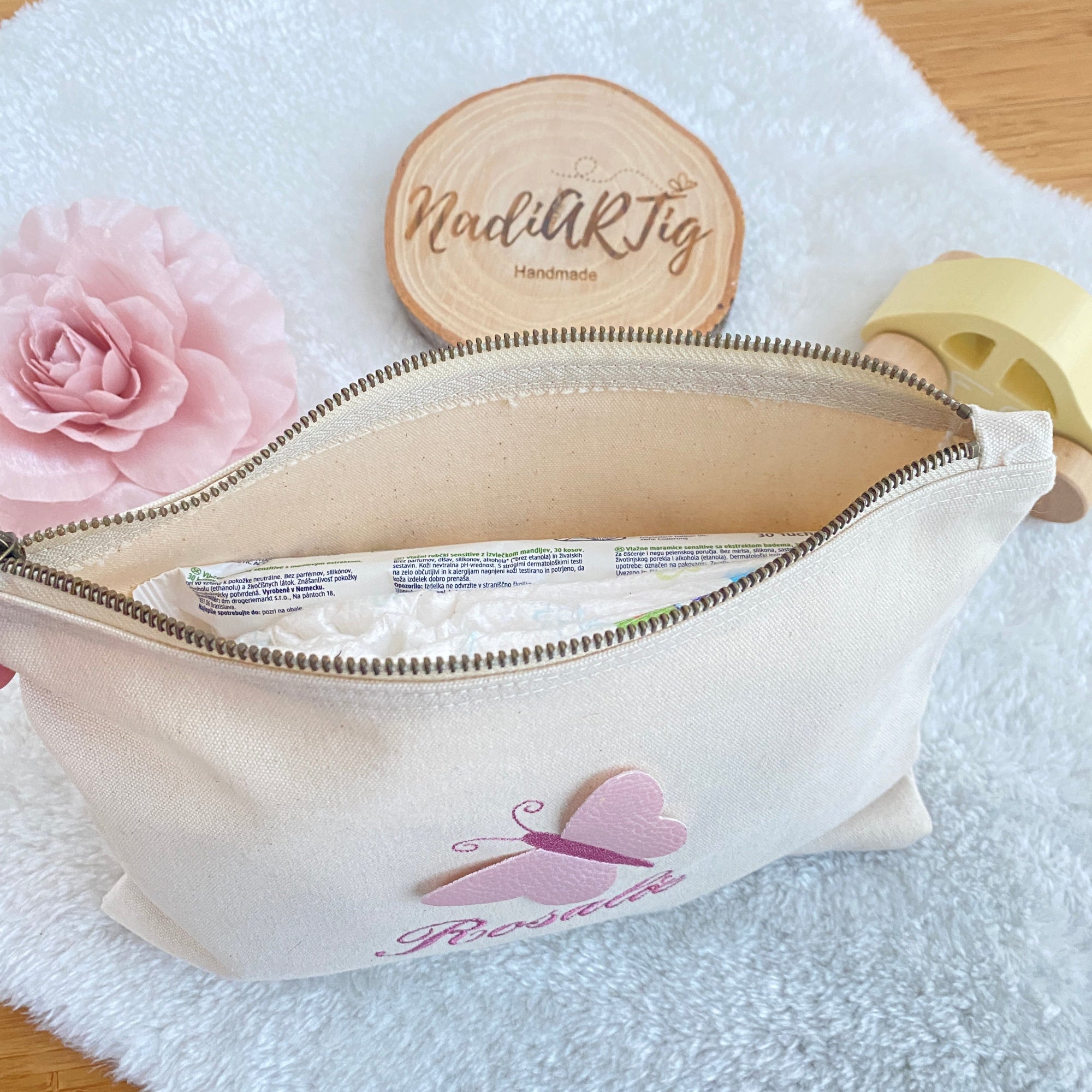 Canvas Tasche mit Namen und 3D-Schmetterling