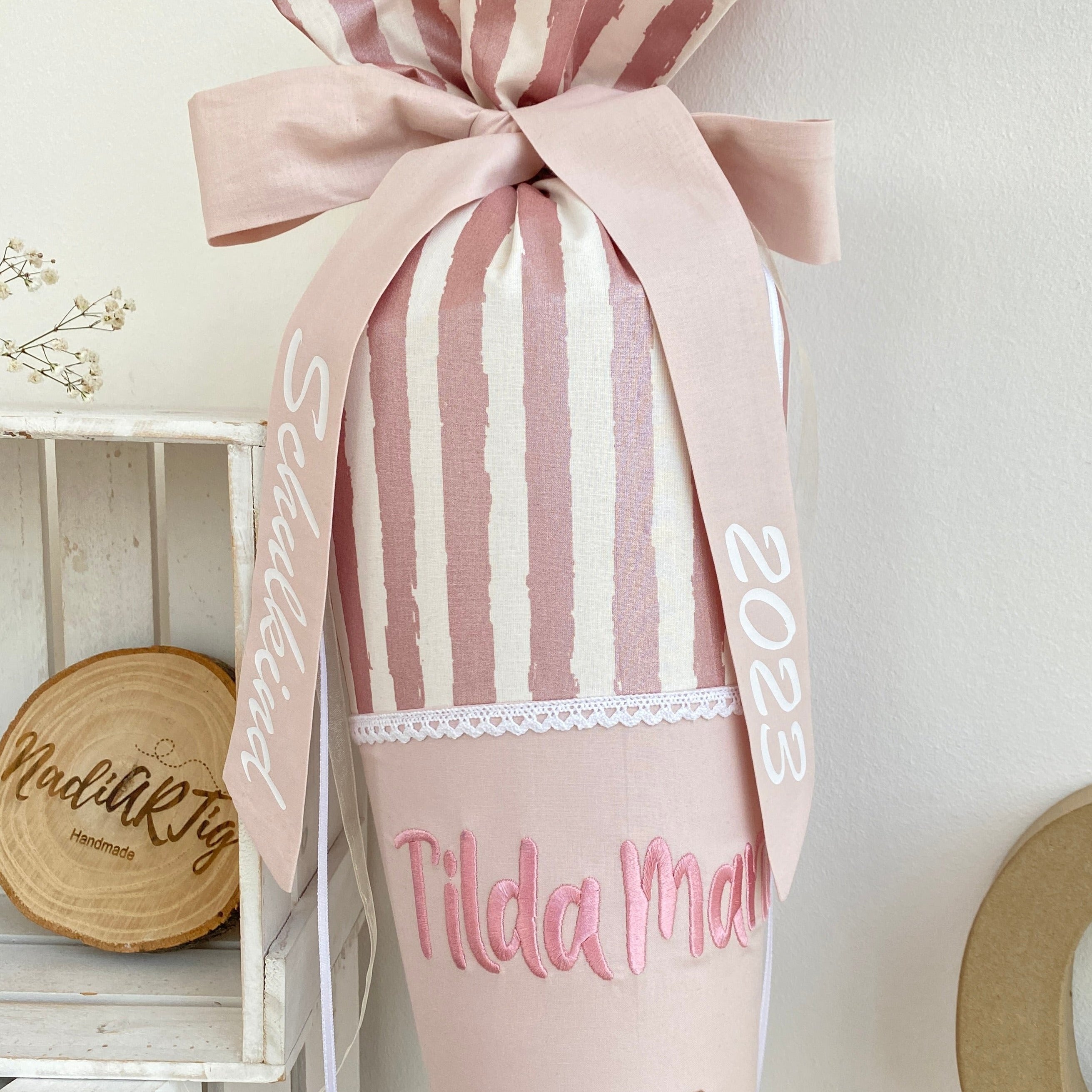 Schultüte Pferdemädchen in roségold gestreift