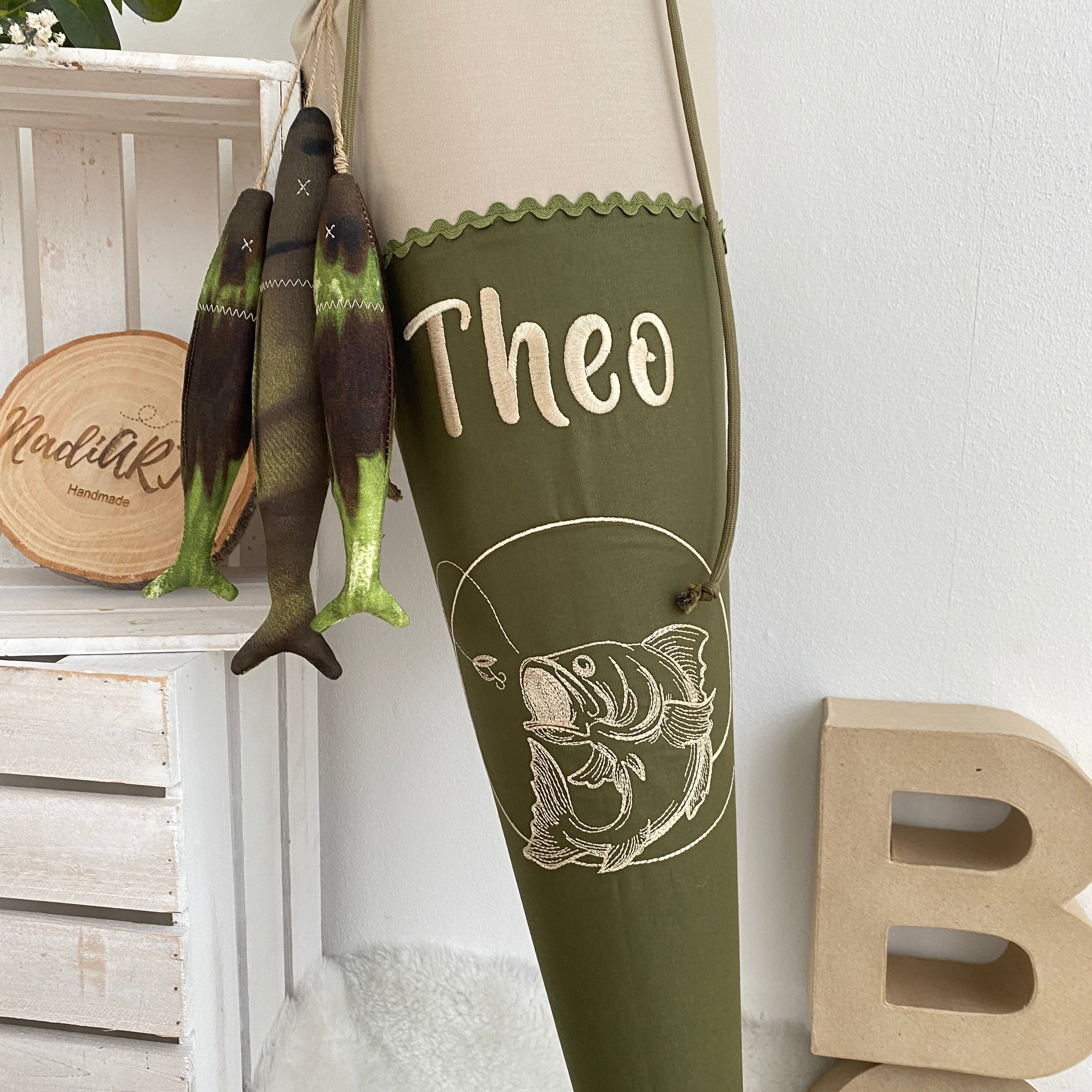 Schultüte Angler / Fische sand/olivegrün