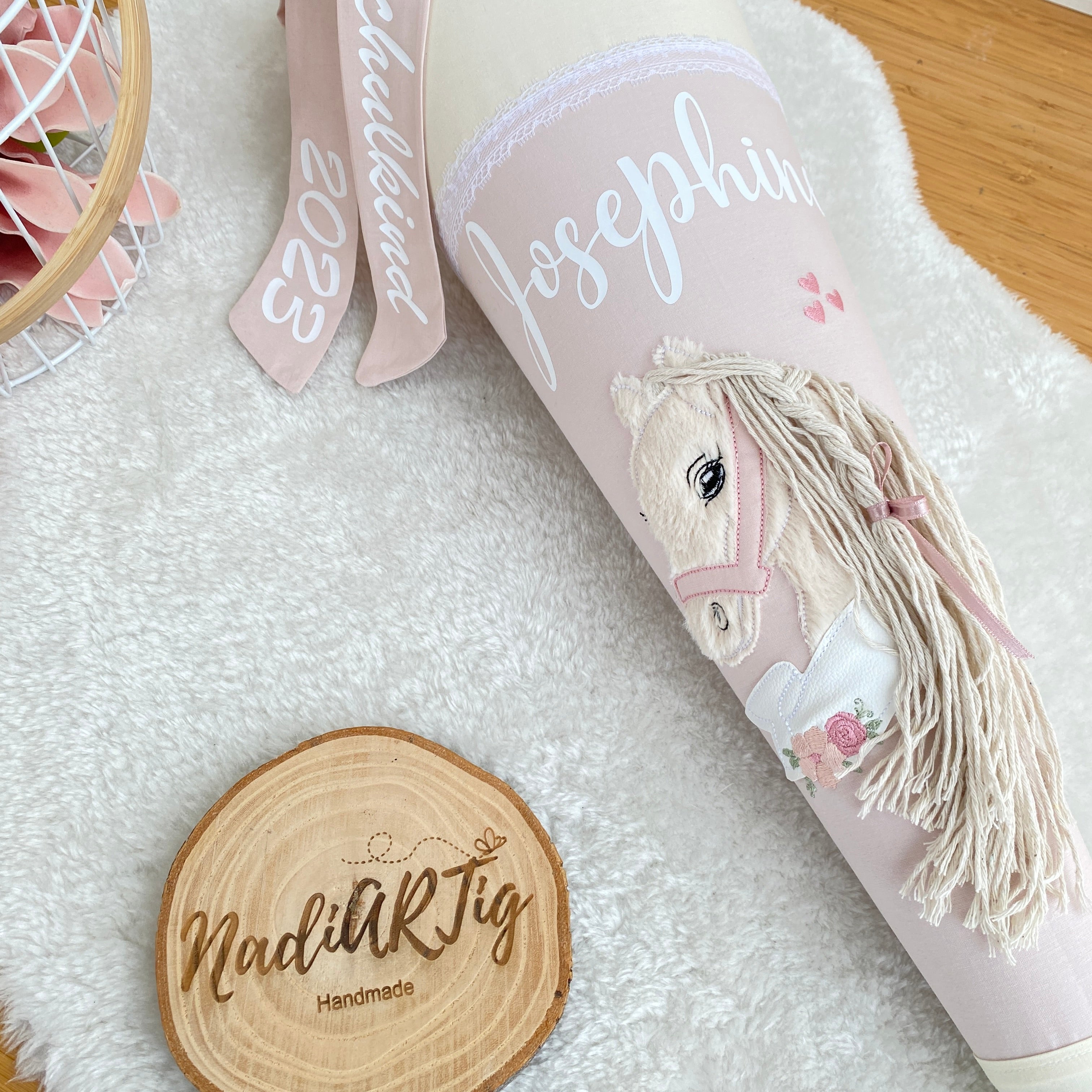 Schultüte Boho Pony in cremebeige/puderrosé
