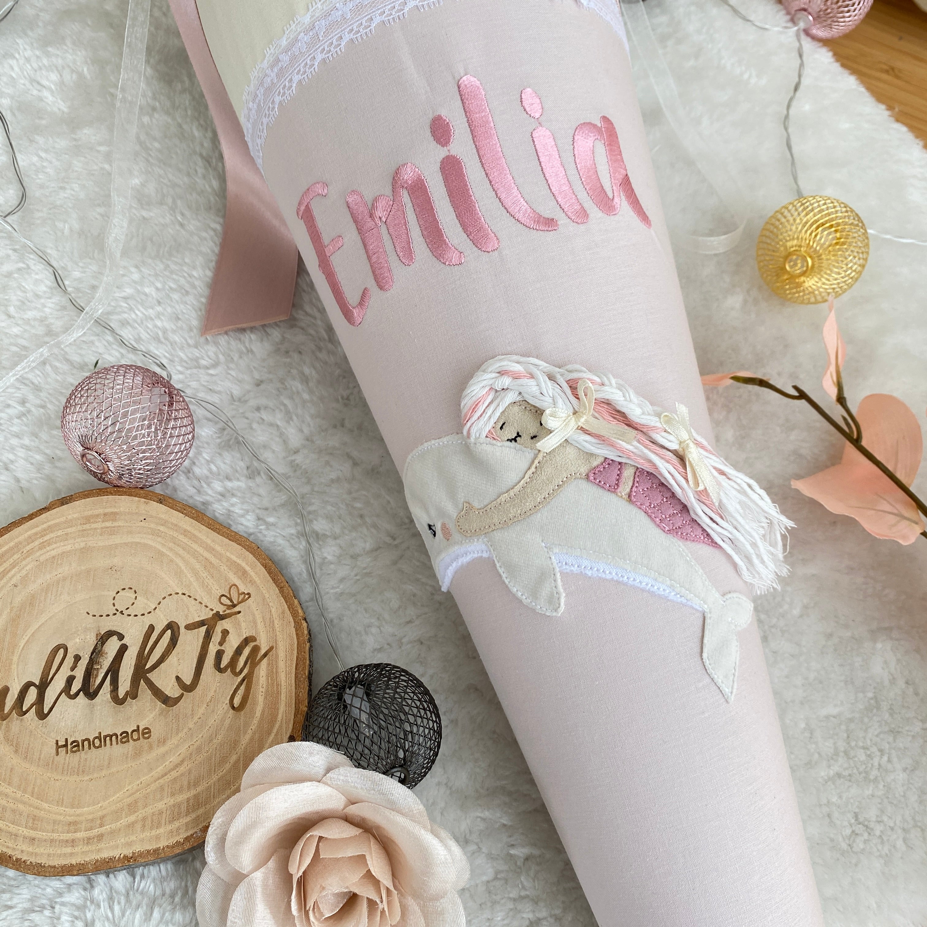 Schultüte mit Meerjungfrau & Delphin in cremebeige/puderrosé