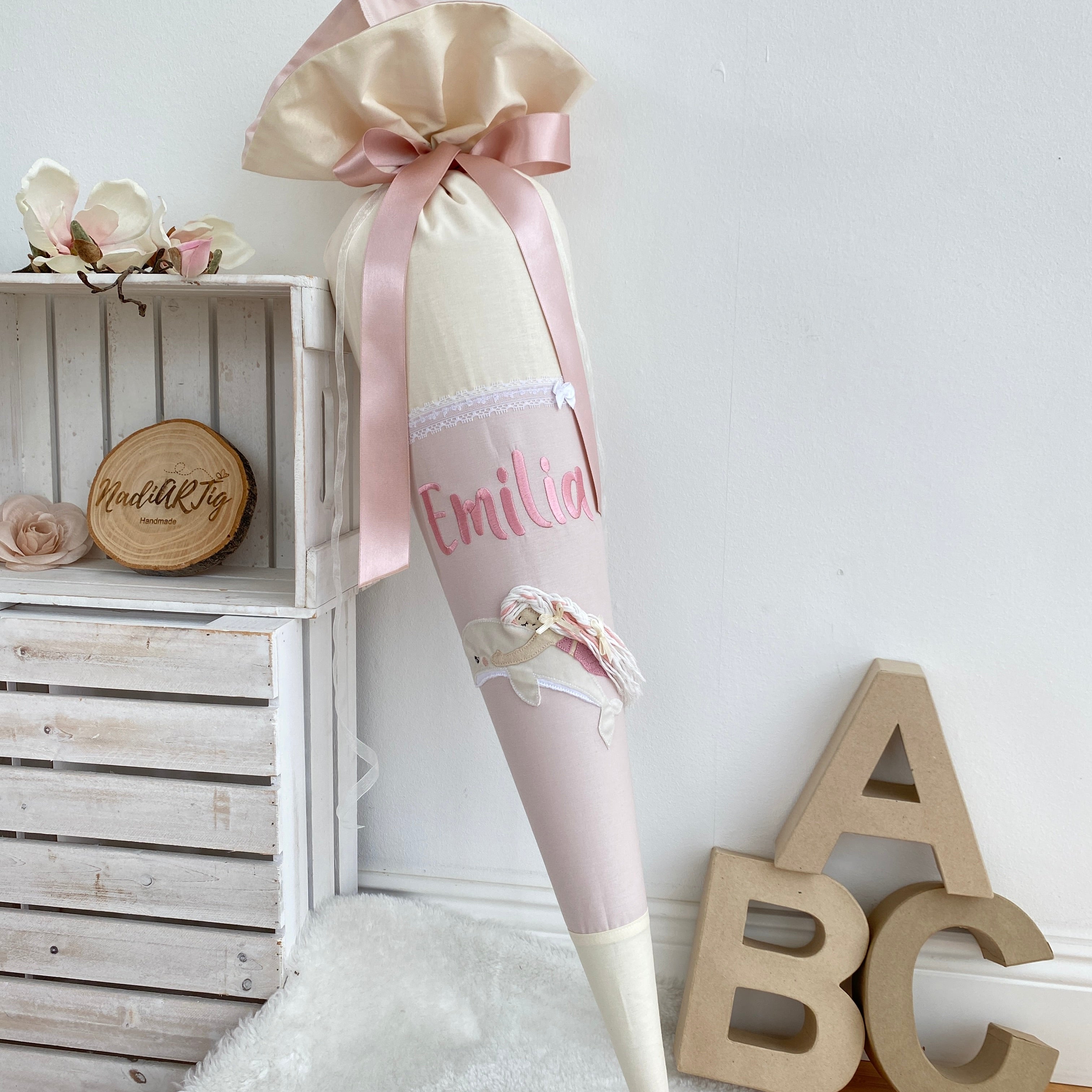 Schultüte mit Meerjungfrau & Delphin in cremebeige/puderrosé