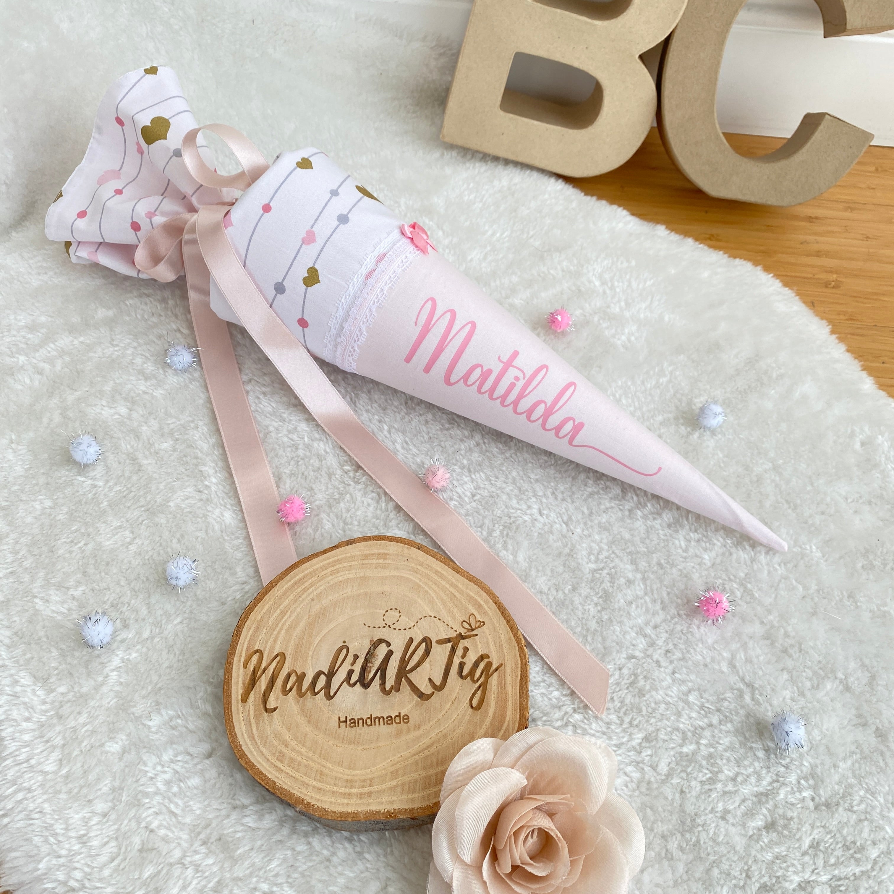 Geschwister-Schultüte rosé mit glitzer Herzen