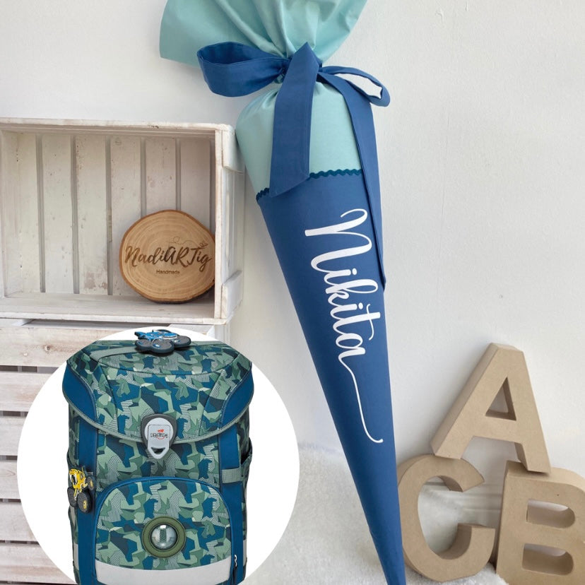 Schultüte mit Namen in mint/dusty blue