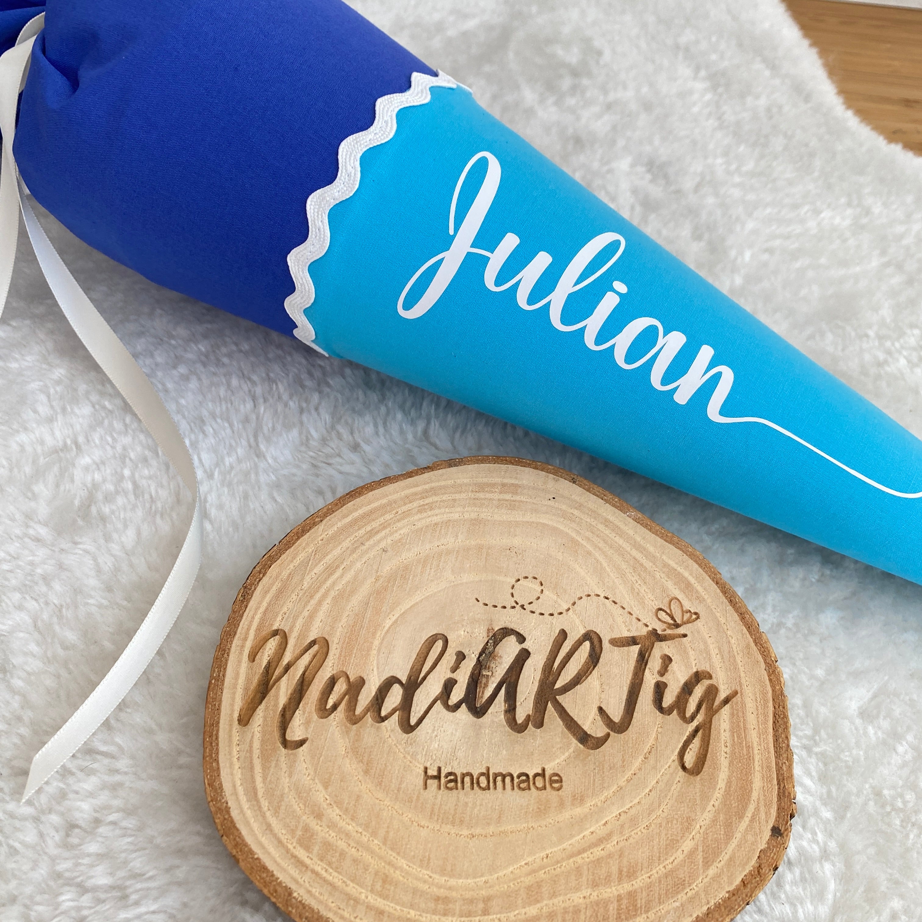 Geschwister-Schultüte mit Namen in blau/türkis