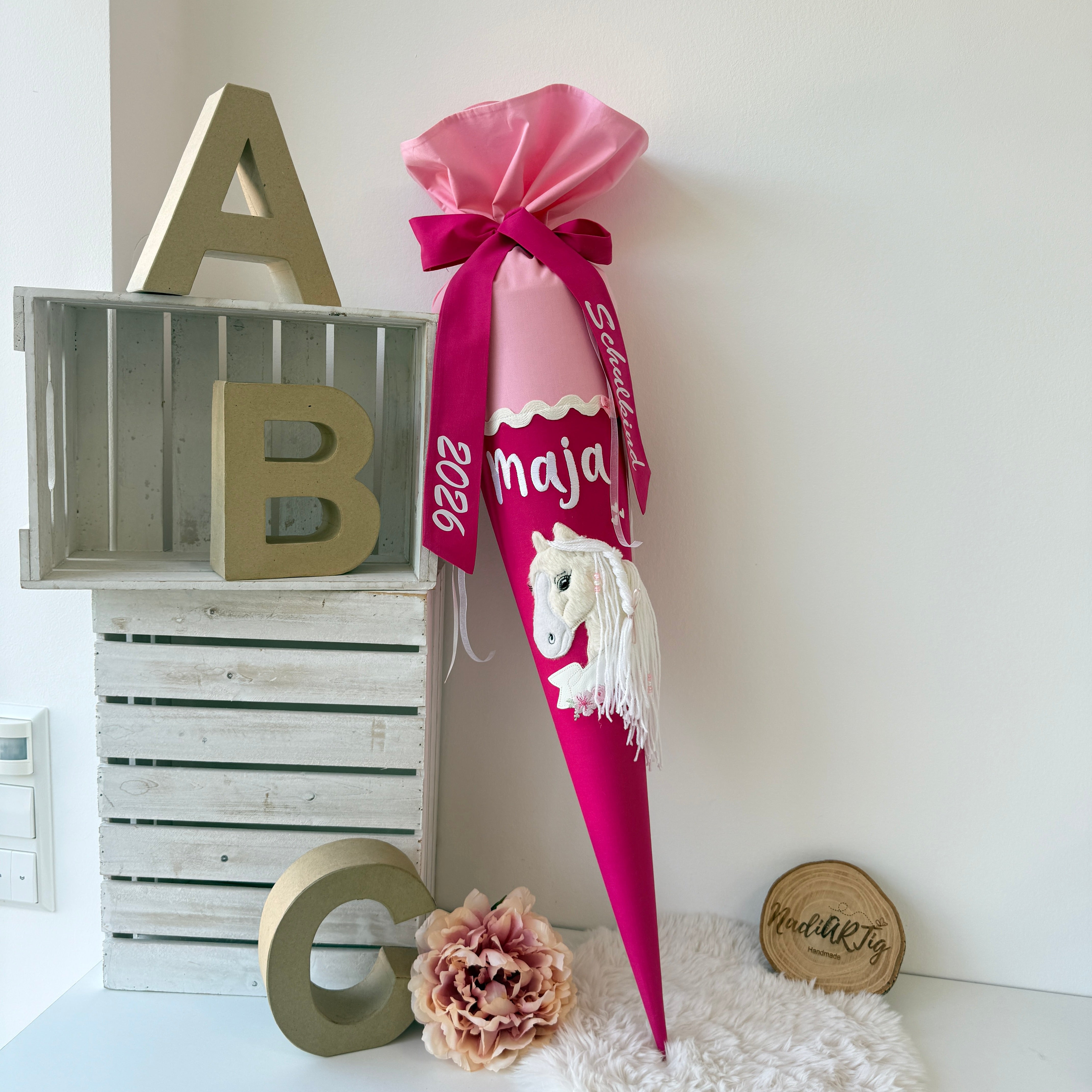 Schultüte Pferd mit Banner/glitzer Mähne in Rosa/Pink
