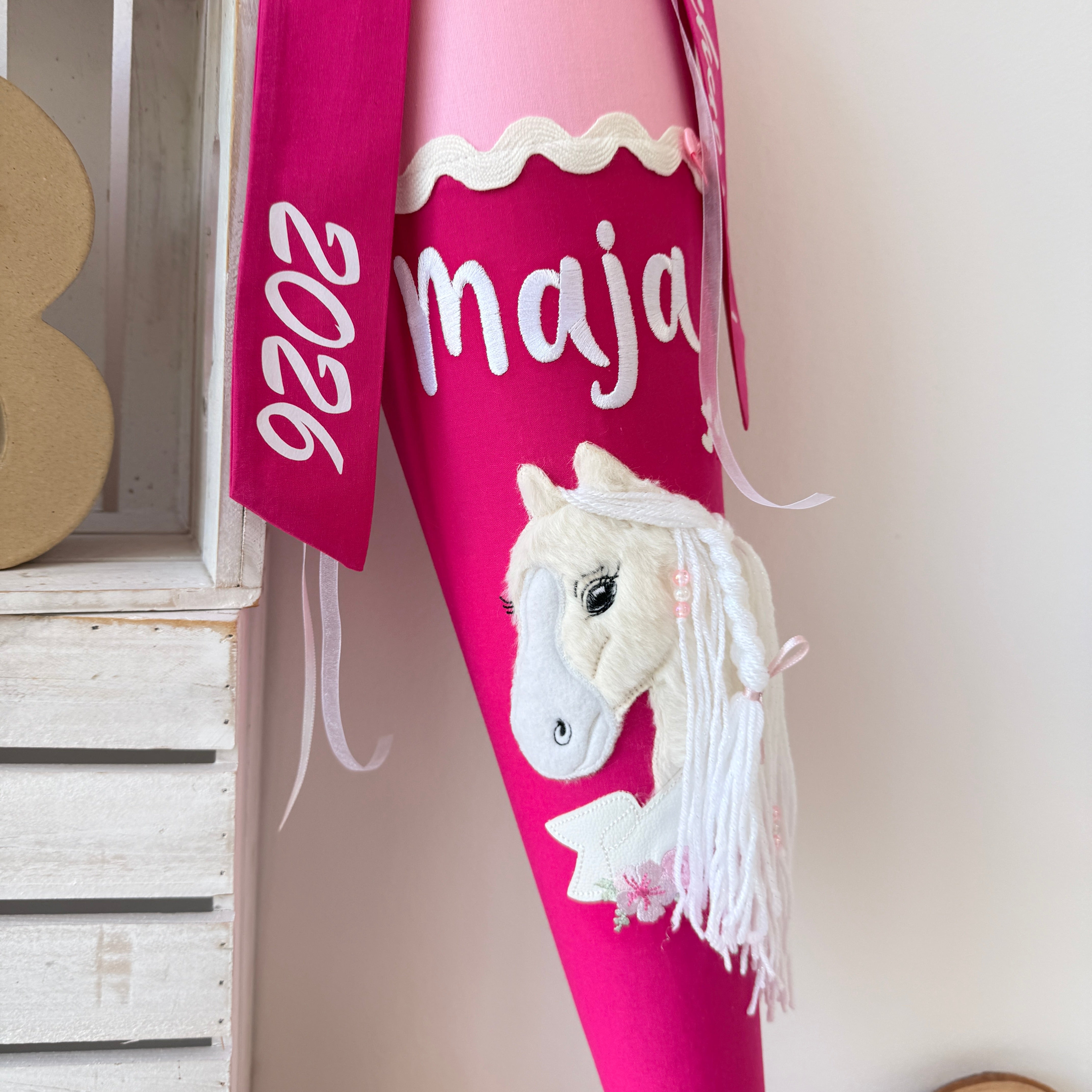 Schultüte Pferd mit Banner/glitzer Mähne in Rosa/Pink