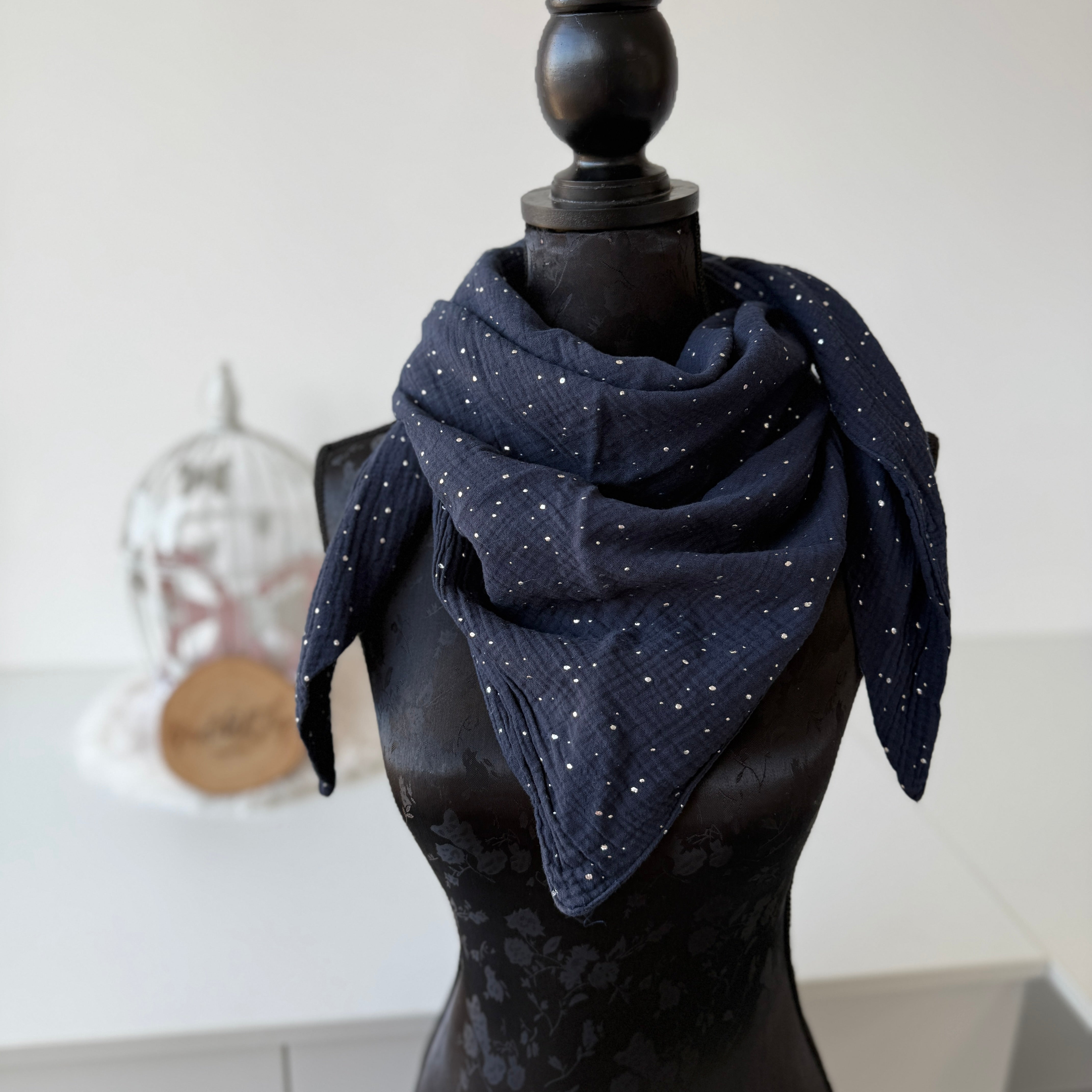 XL Musselin Halstuch - dunkelblau glitzer Dots