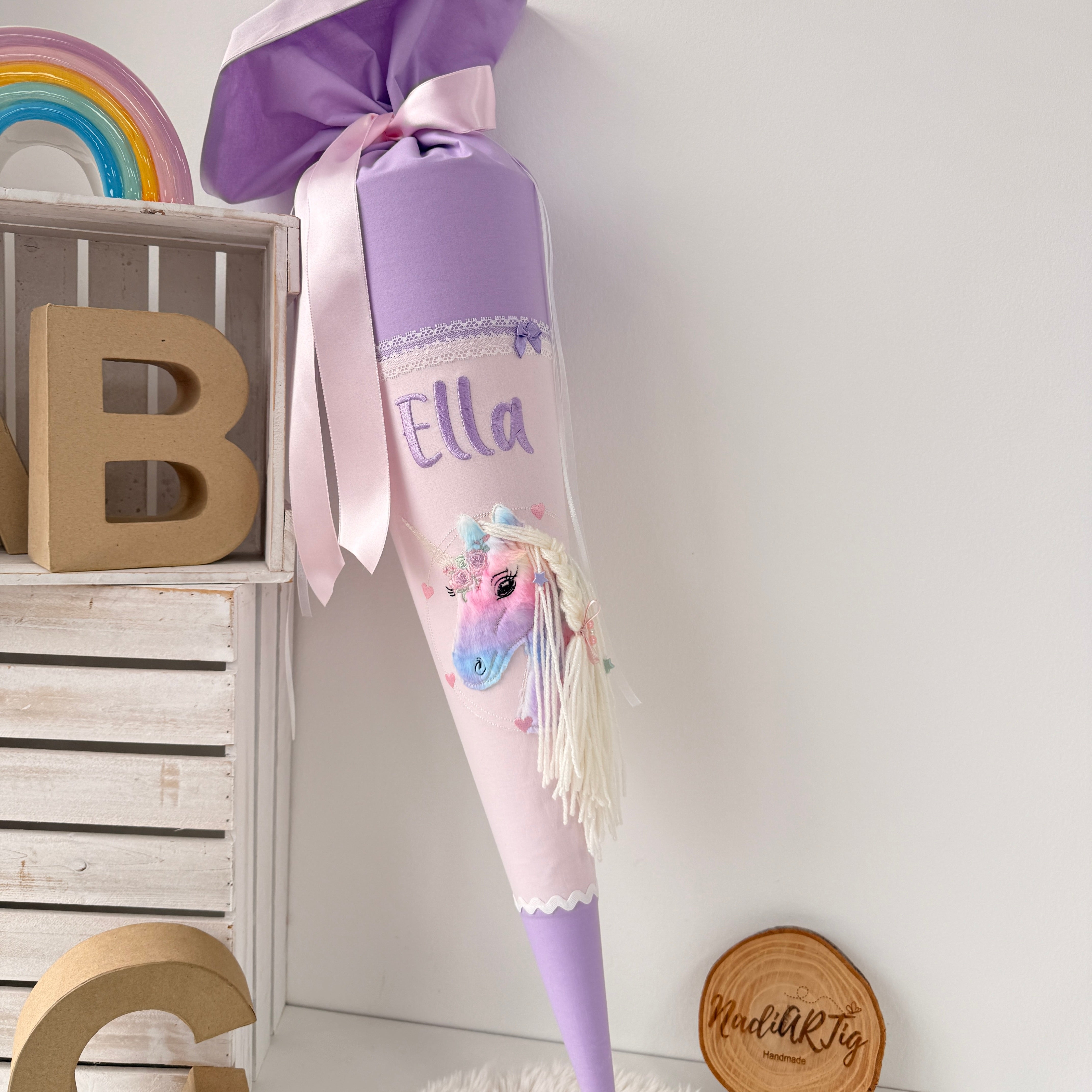 Schultüte buntes Einhorn mit glitzer Mähne in flieder/rosé