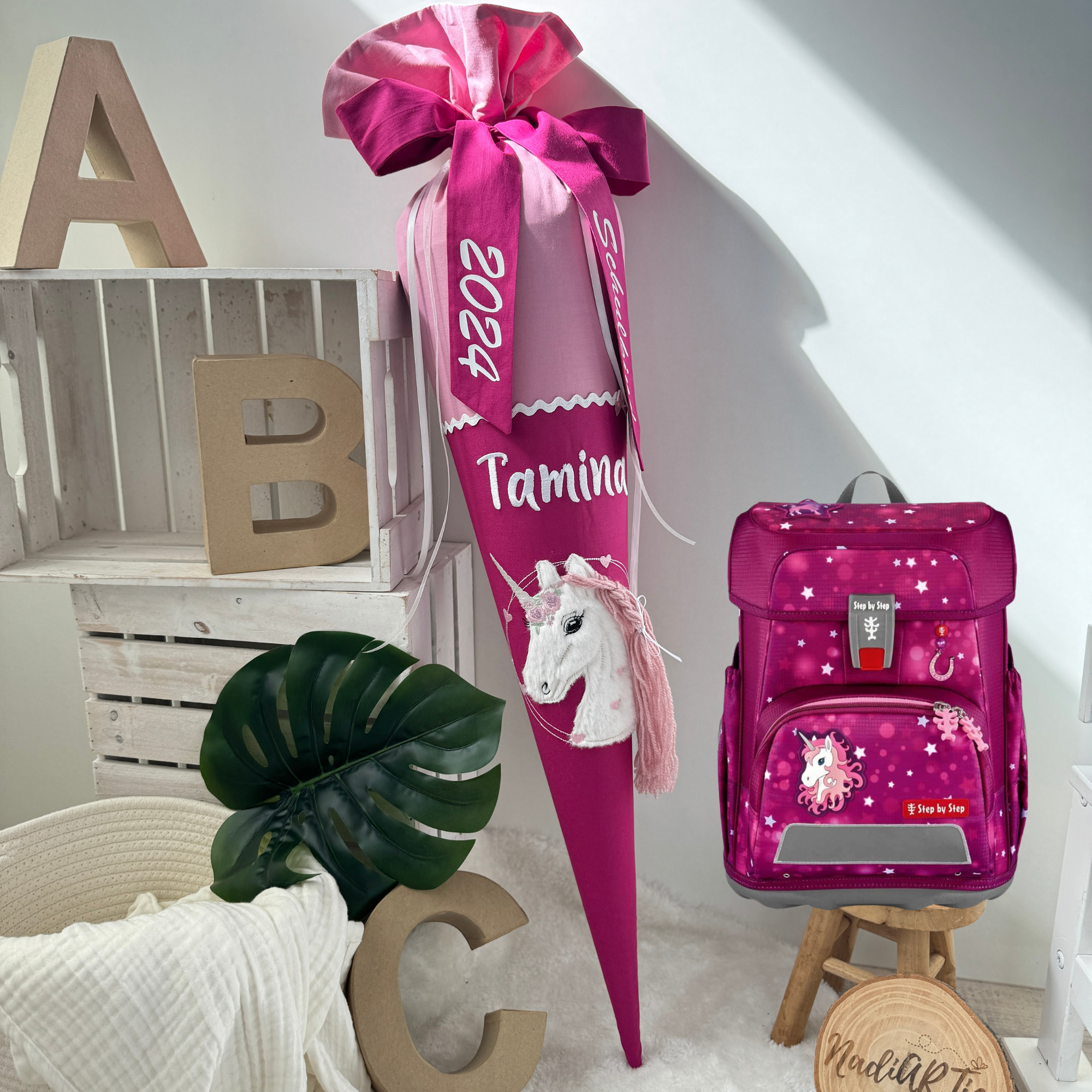 Schultüte Einhorn mit glitzer Mähne in Beere/altrosa