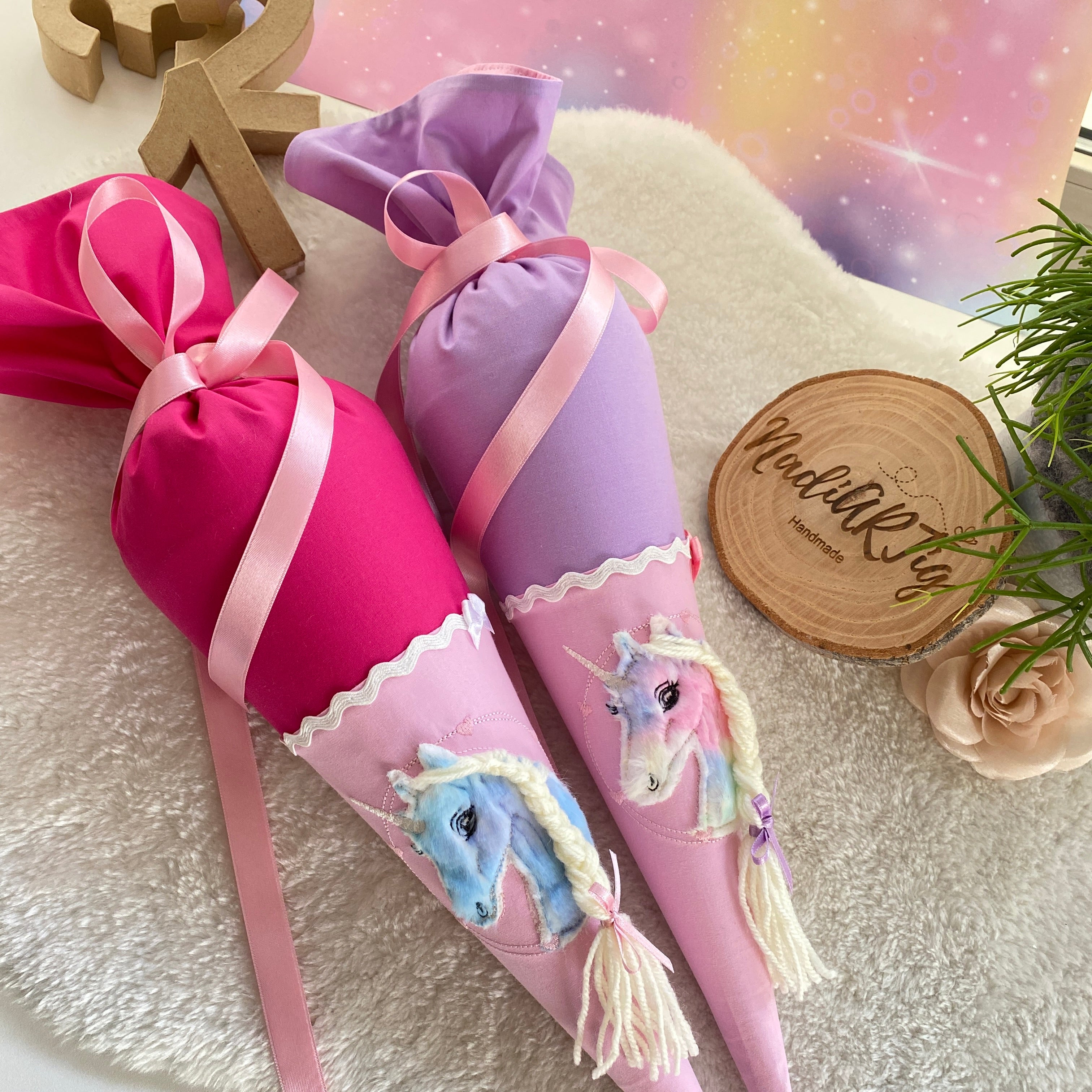Geschwister-Schultüte buntes Einhorn in flieder/rosa