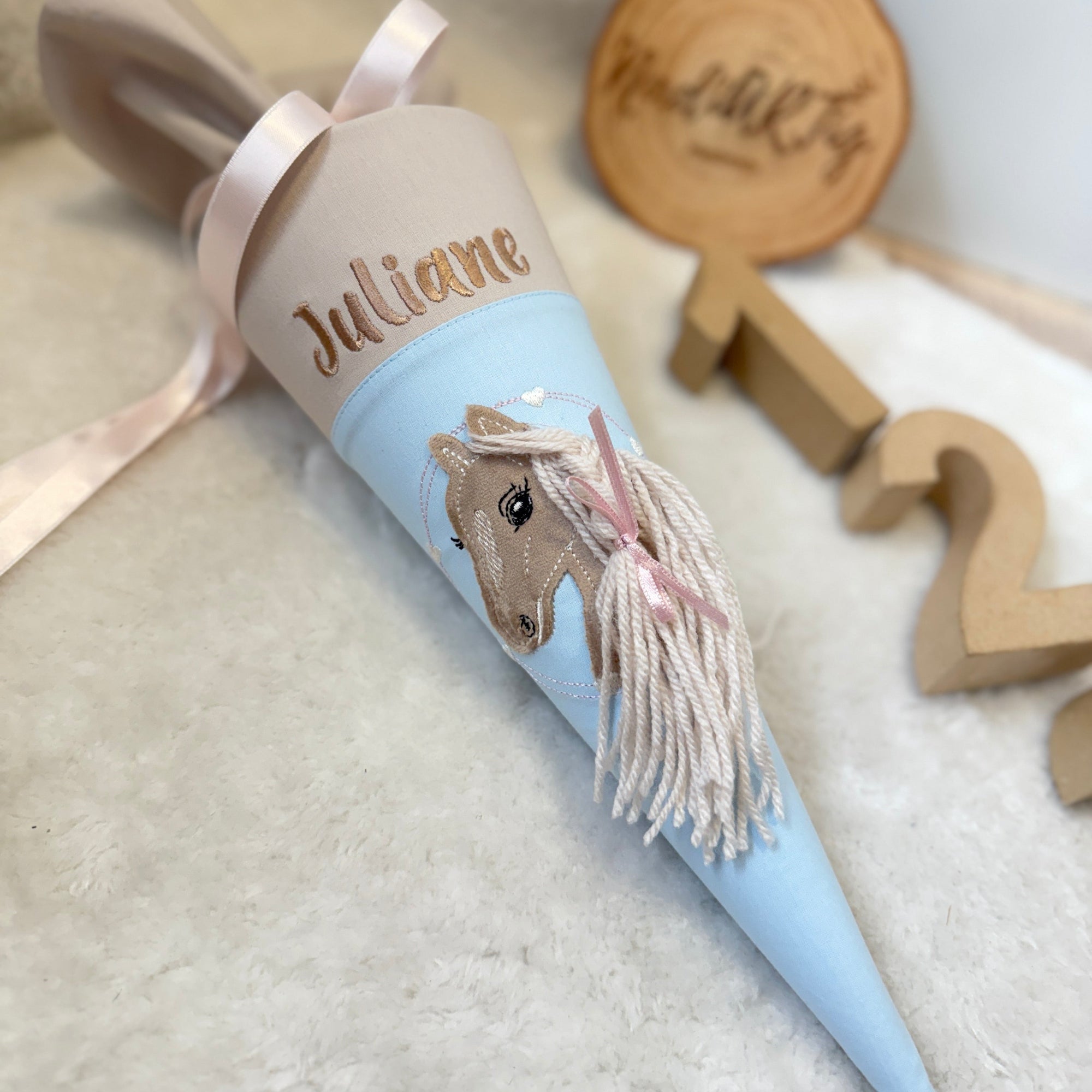 Geschwister-Schultüte Pferd in sand/hellblau