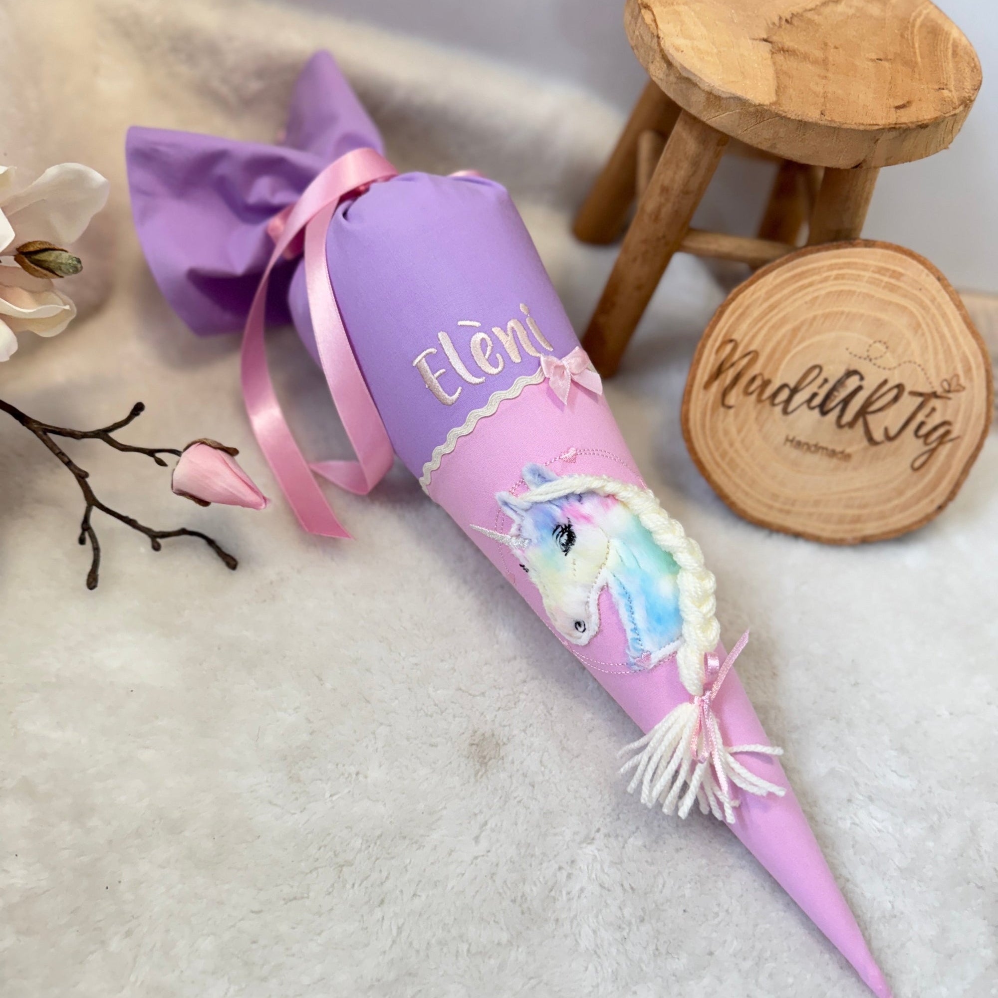 Geschwister-Schultüte buntes Einhorn in flieder/rosa