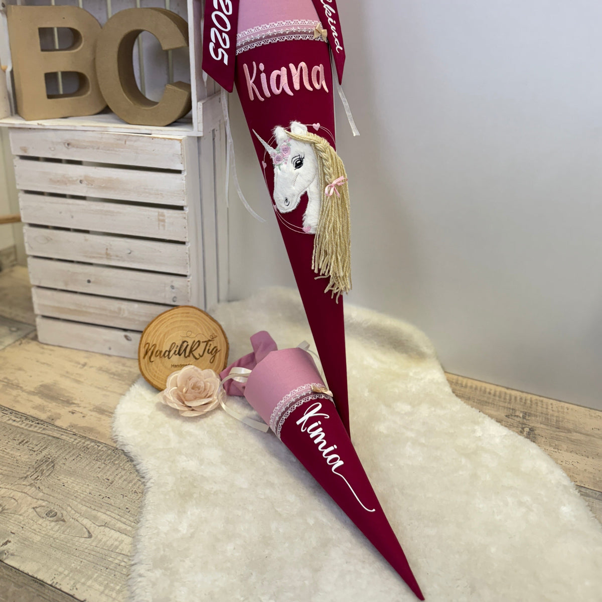 Geschwister-Schultüte mit Name staubiges puderrosa/bordeaux
