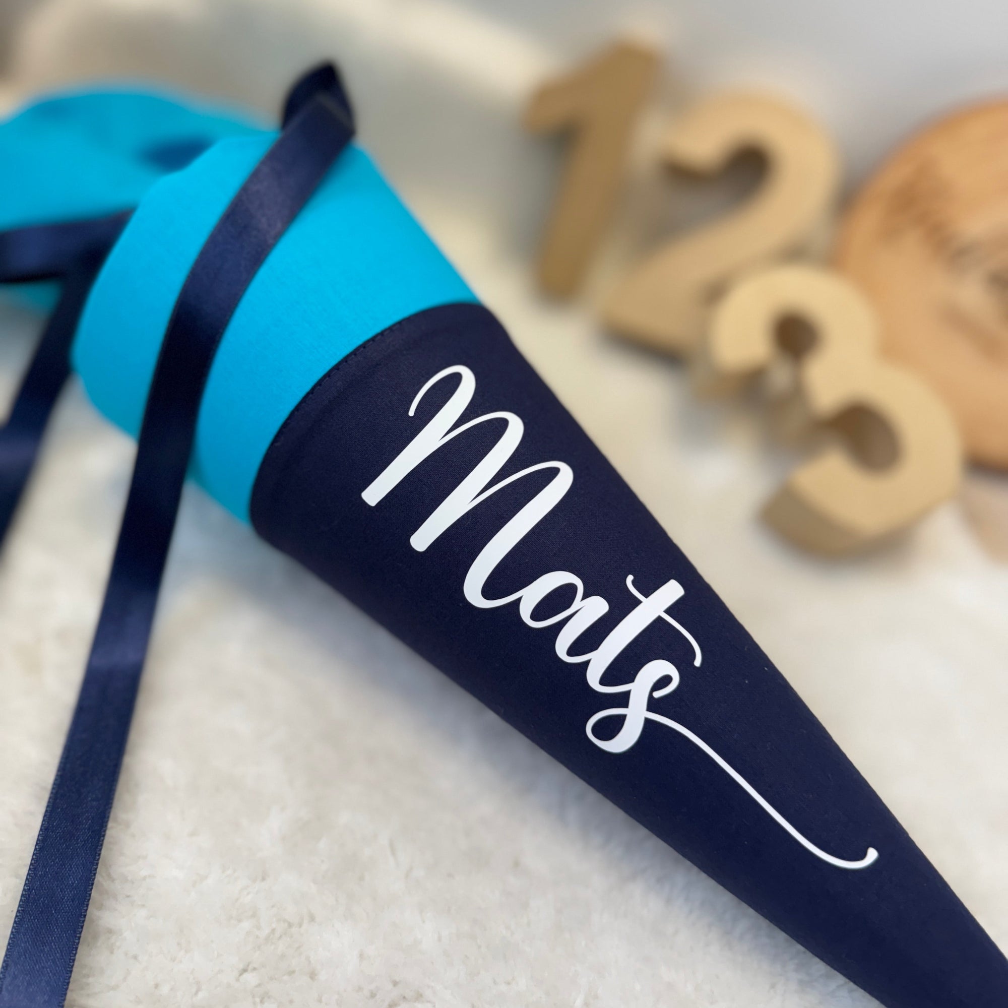 Geschwister-Schultüte mit Namen in türkis/dunkelblau