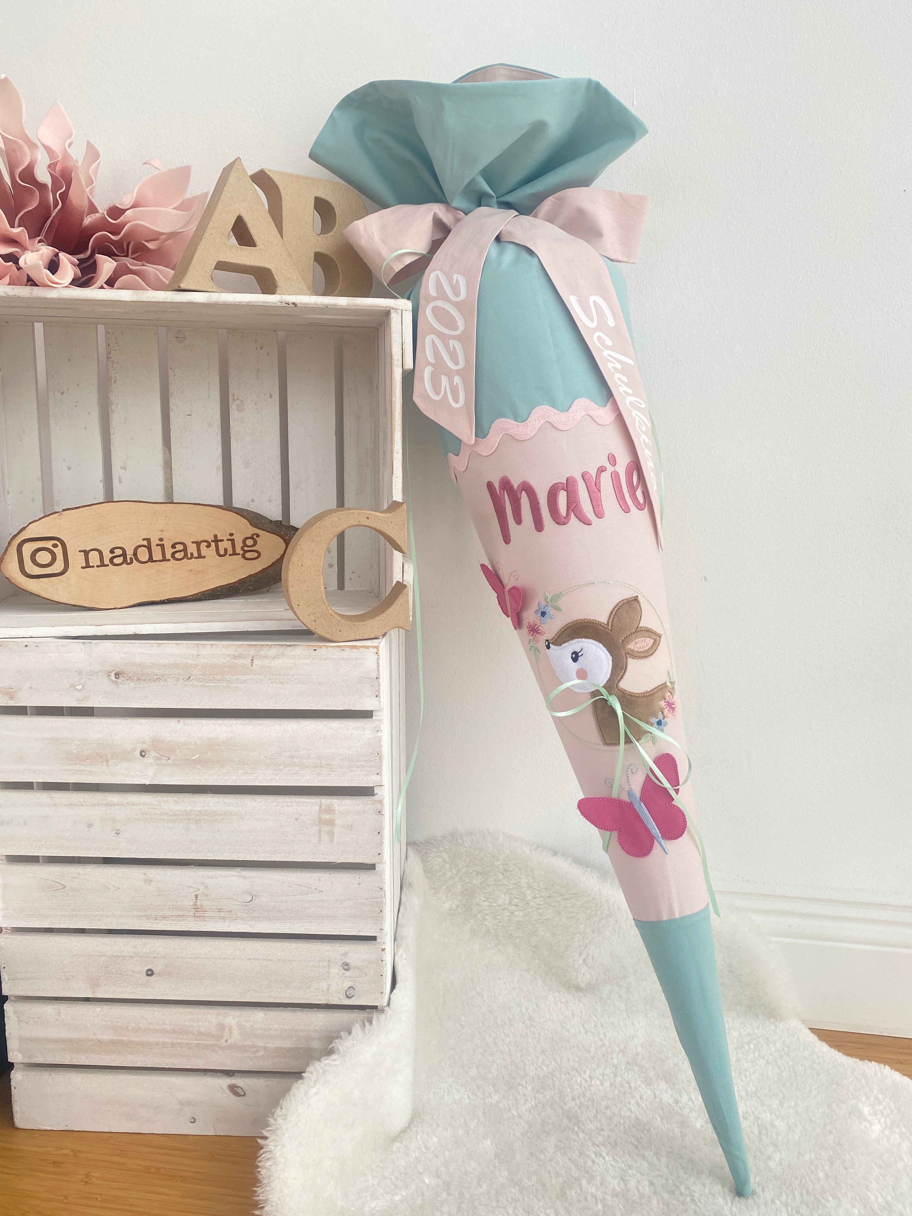 Schultüte Waldtiere-Reh & Schmetterlinge in mint/rosé