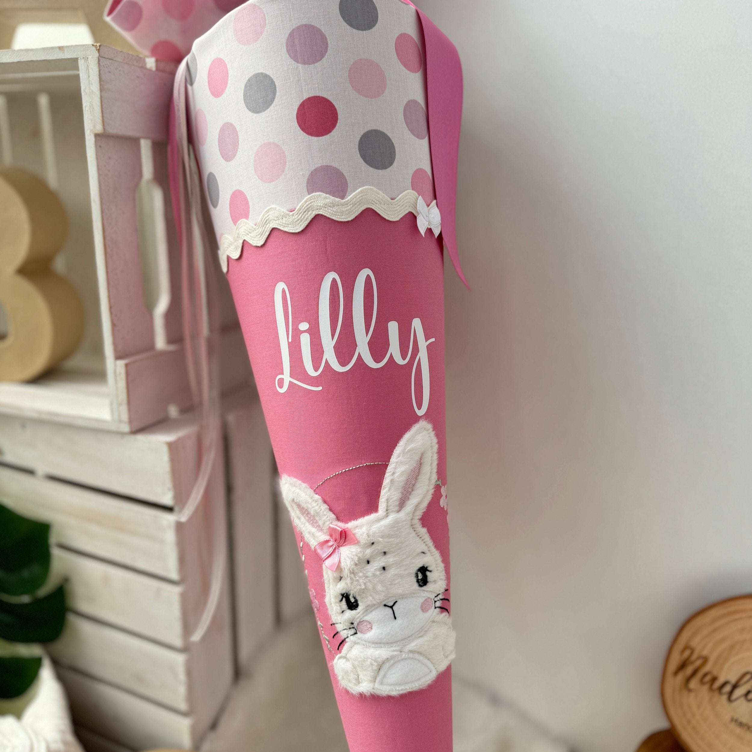 Schultüte mit Hase in altrosa/Dots