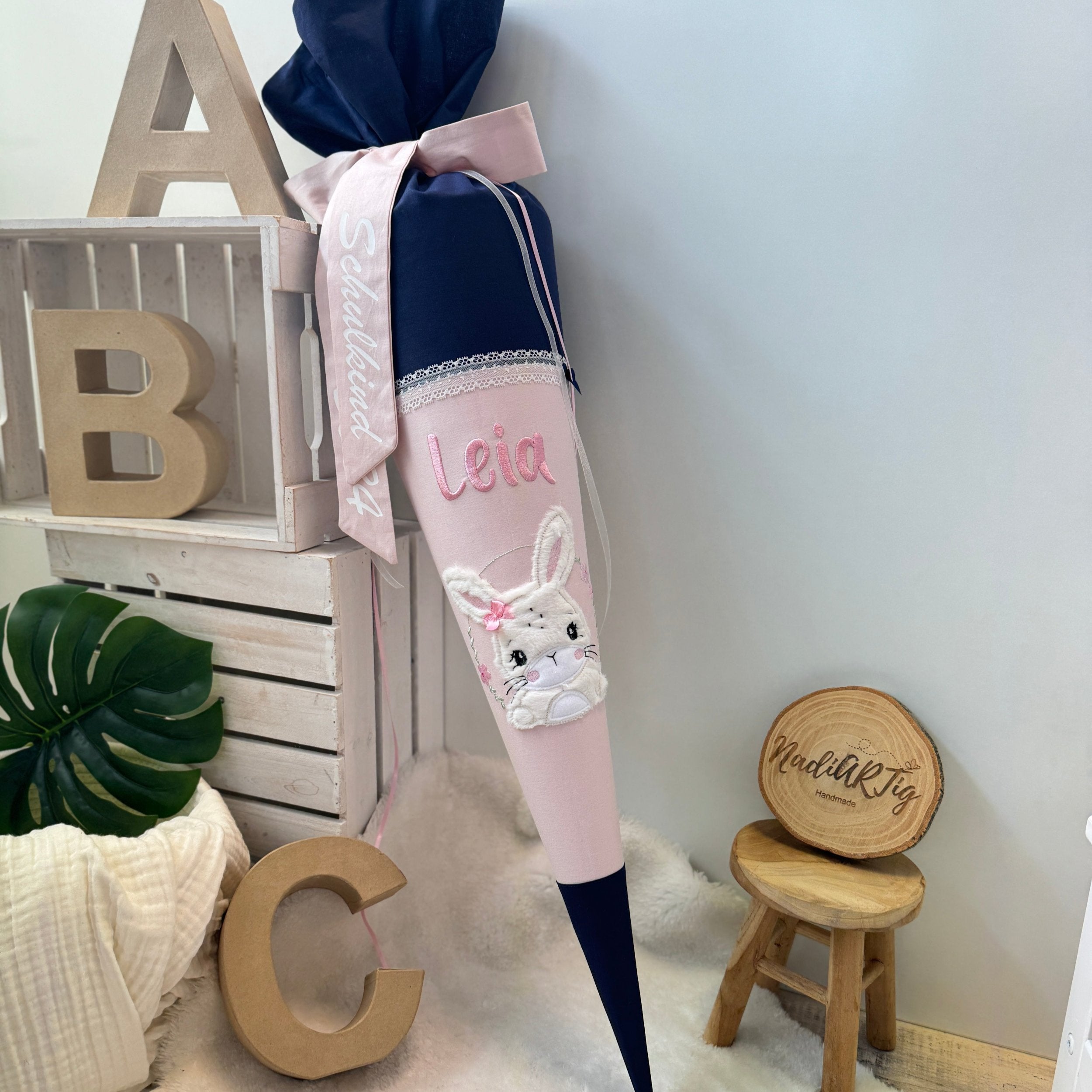 Schultüte Hase in dunkelblau/puderrosé