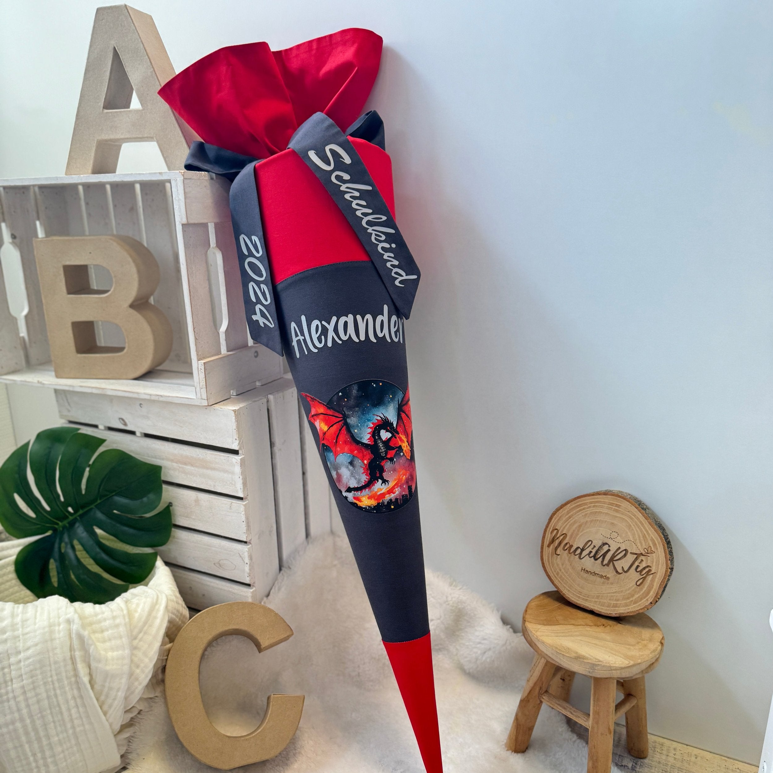 Schultüte DRACHE in rot/anthrazit