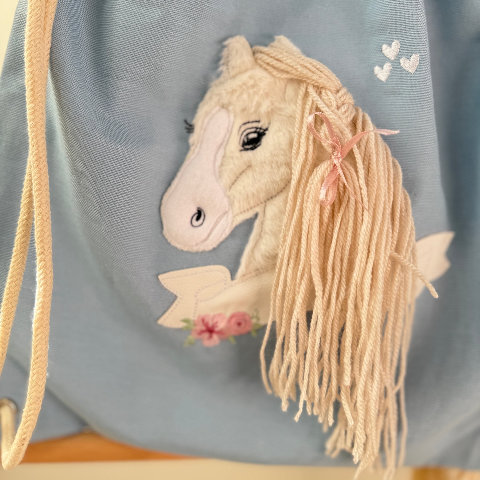 Kindergartenbeutel Pferd hellblau (wasserabweisend)