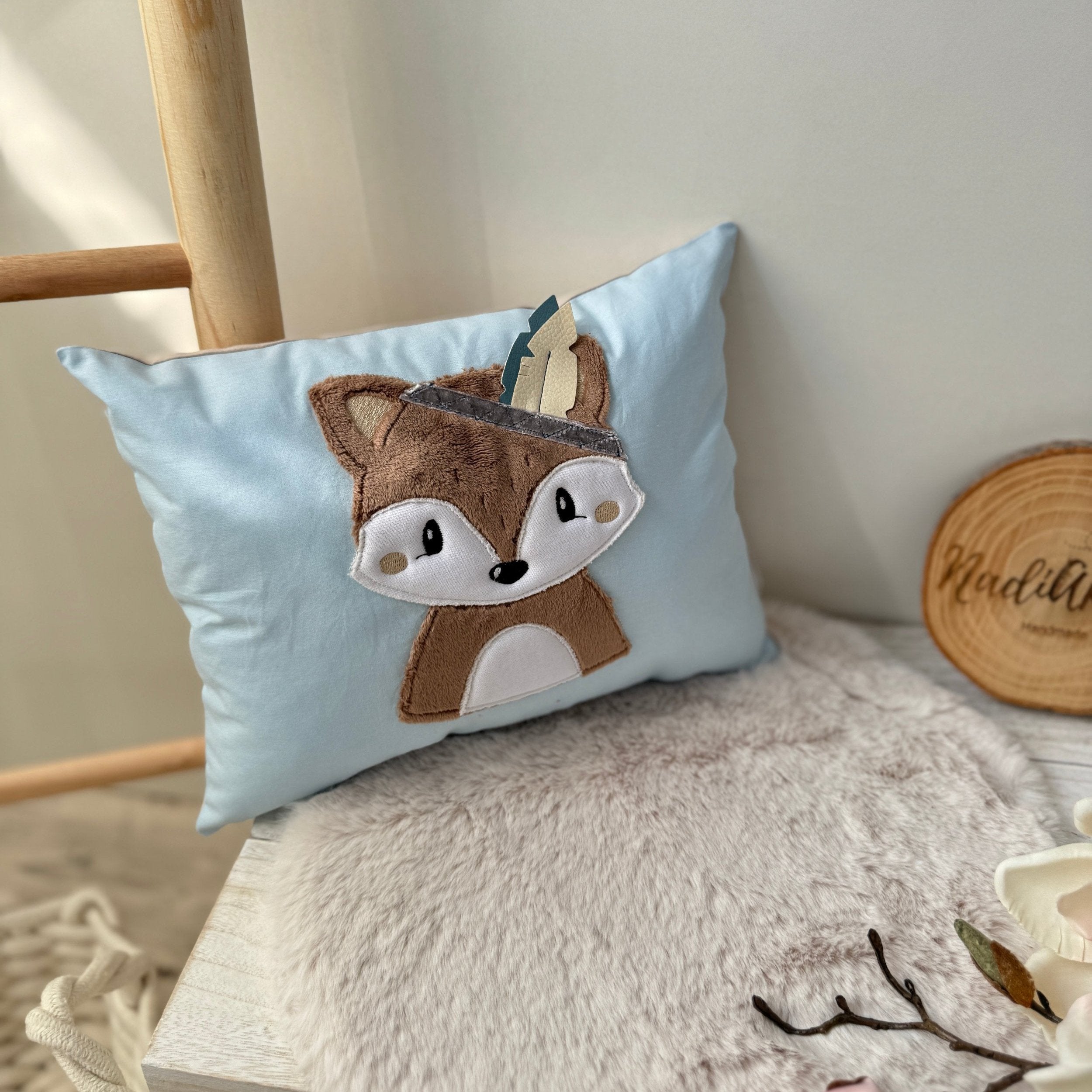 Namenskissen - Boho Fuchs in hellblau