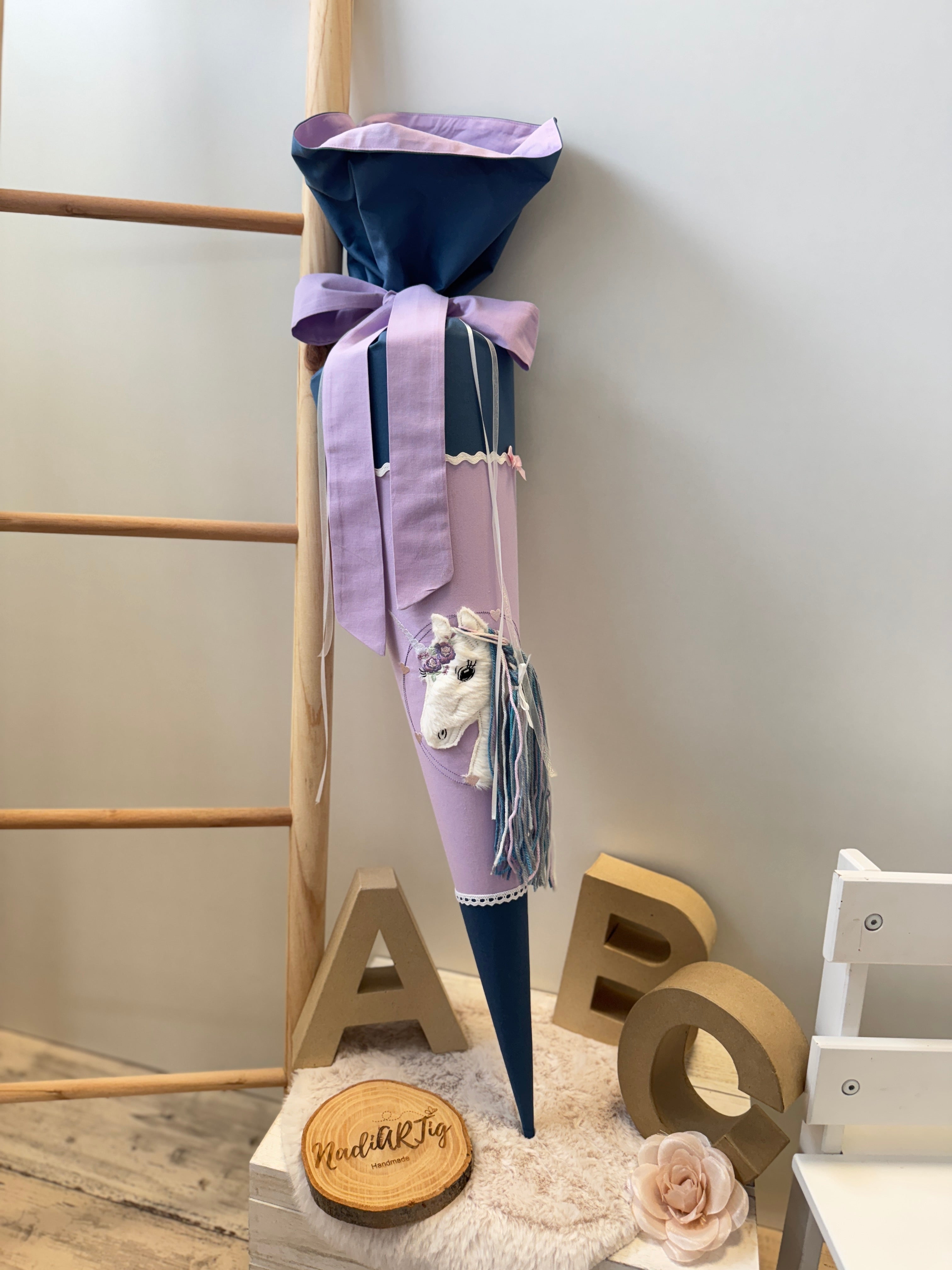 Schultüte Einhorn in dusty blue/flieder