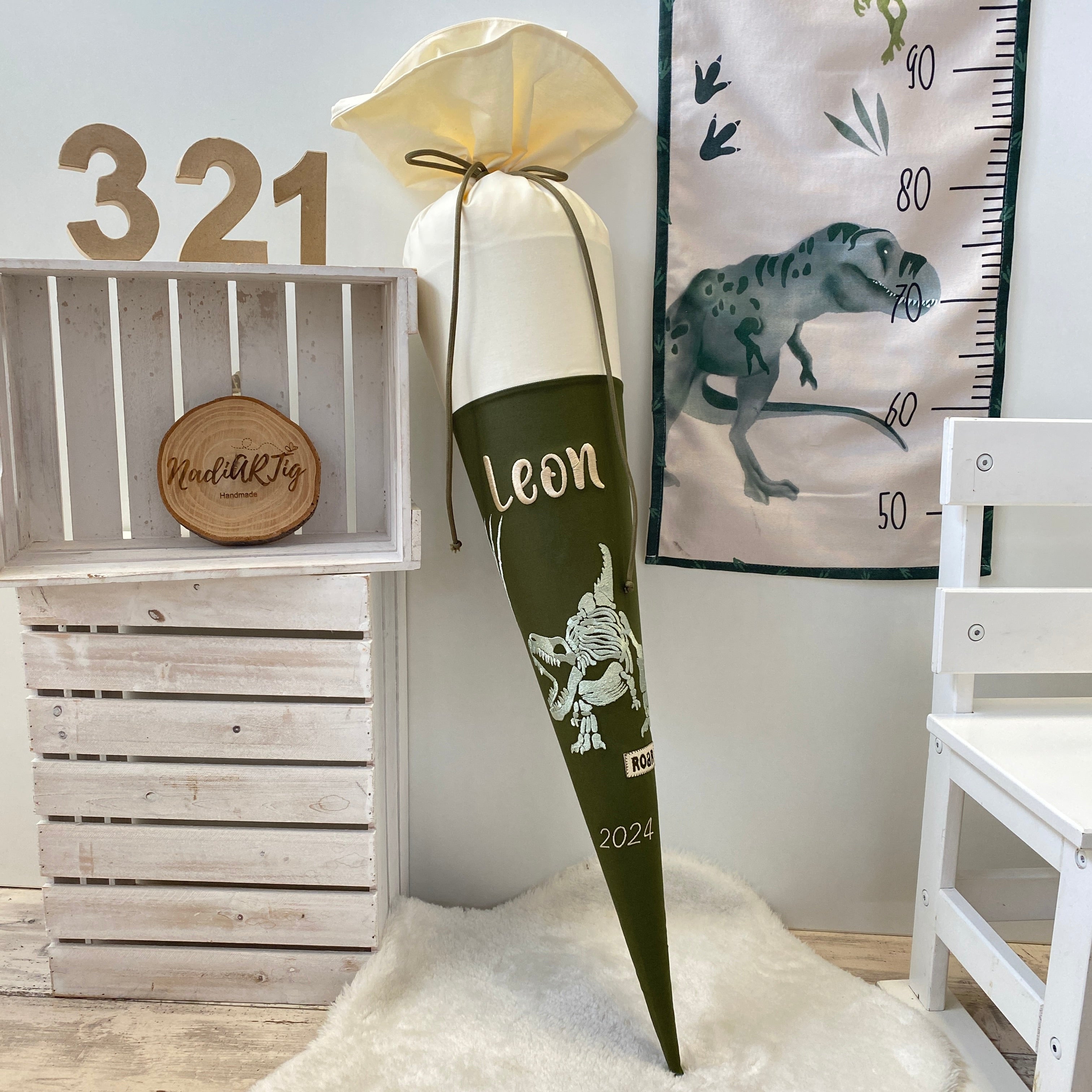 Schultüte T-Rex in beige/olivegrün