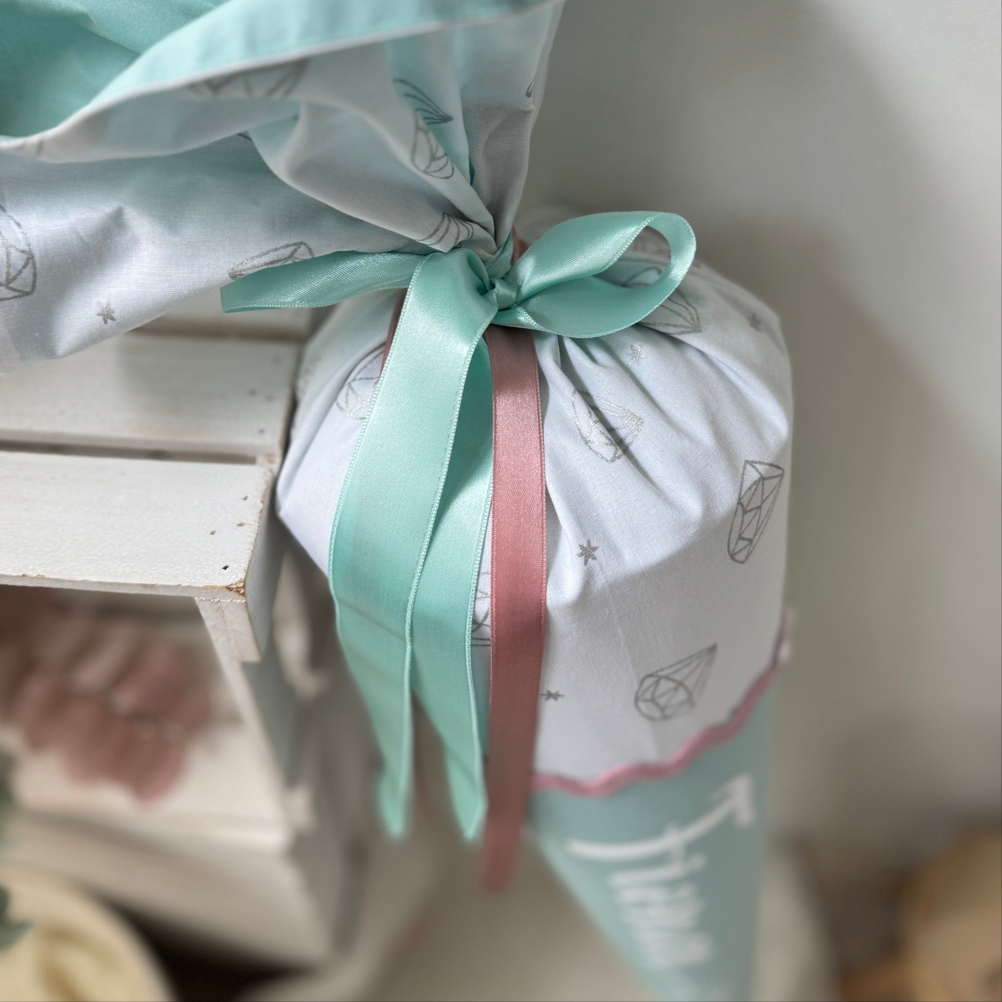 Schultüte Klassik in mint/rosé/glitzer Diamanten