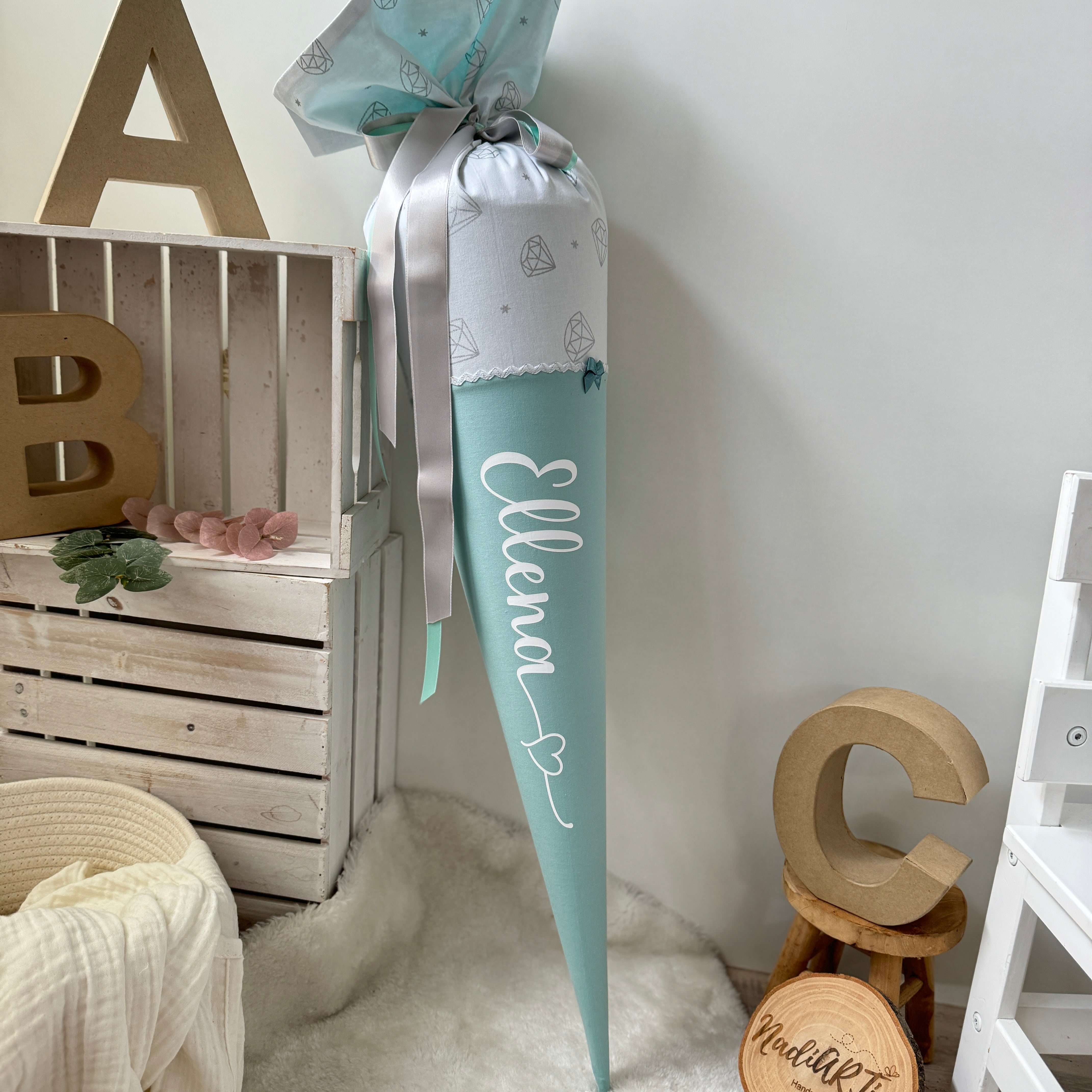 Schultüte Klassik in mint/silber/glitzer Diamanten