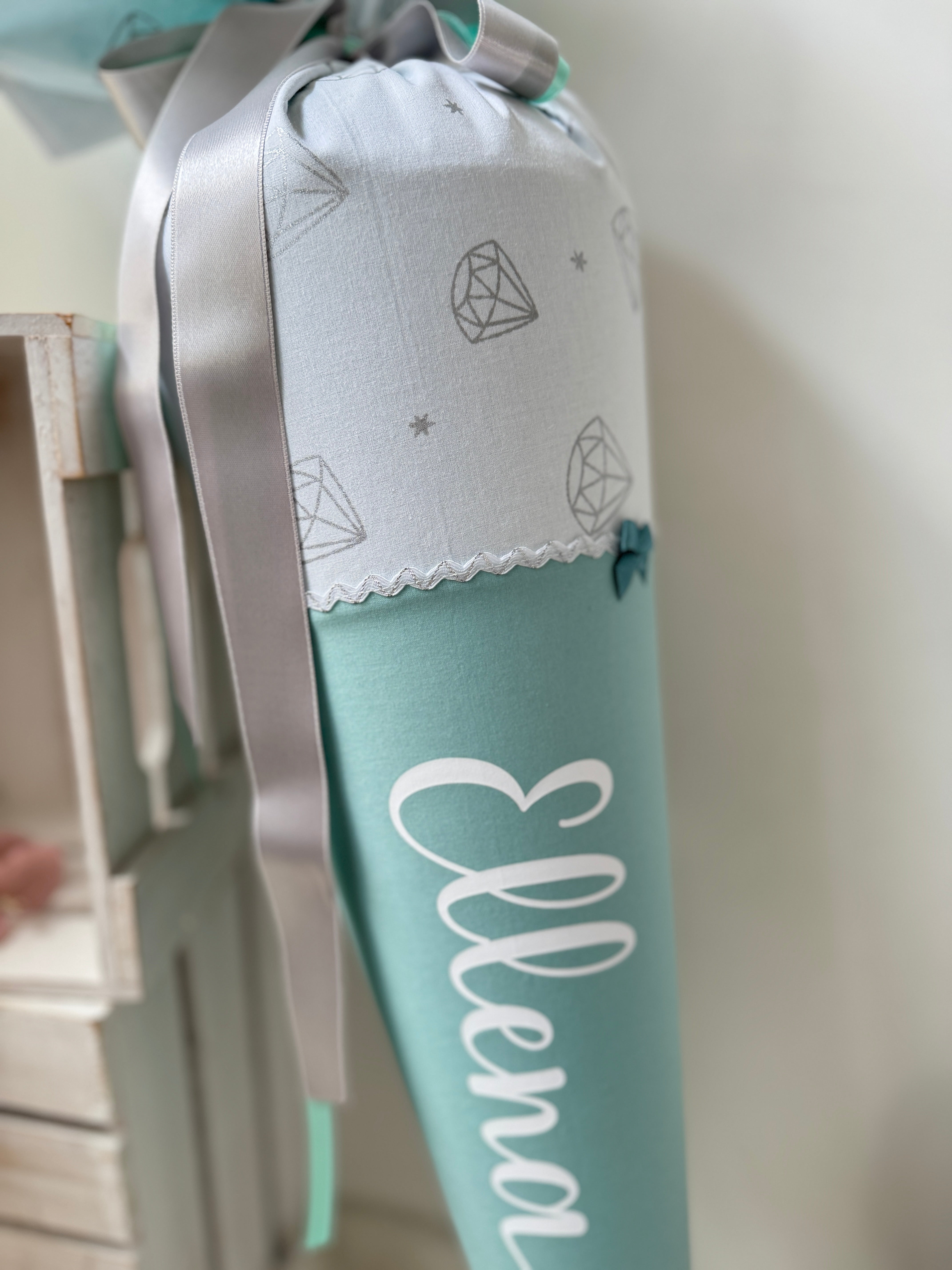 Schultüte Klassik in mint/silber/glitzer Diamanten