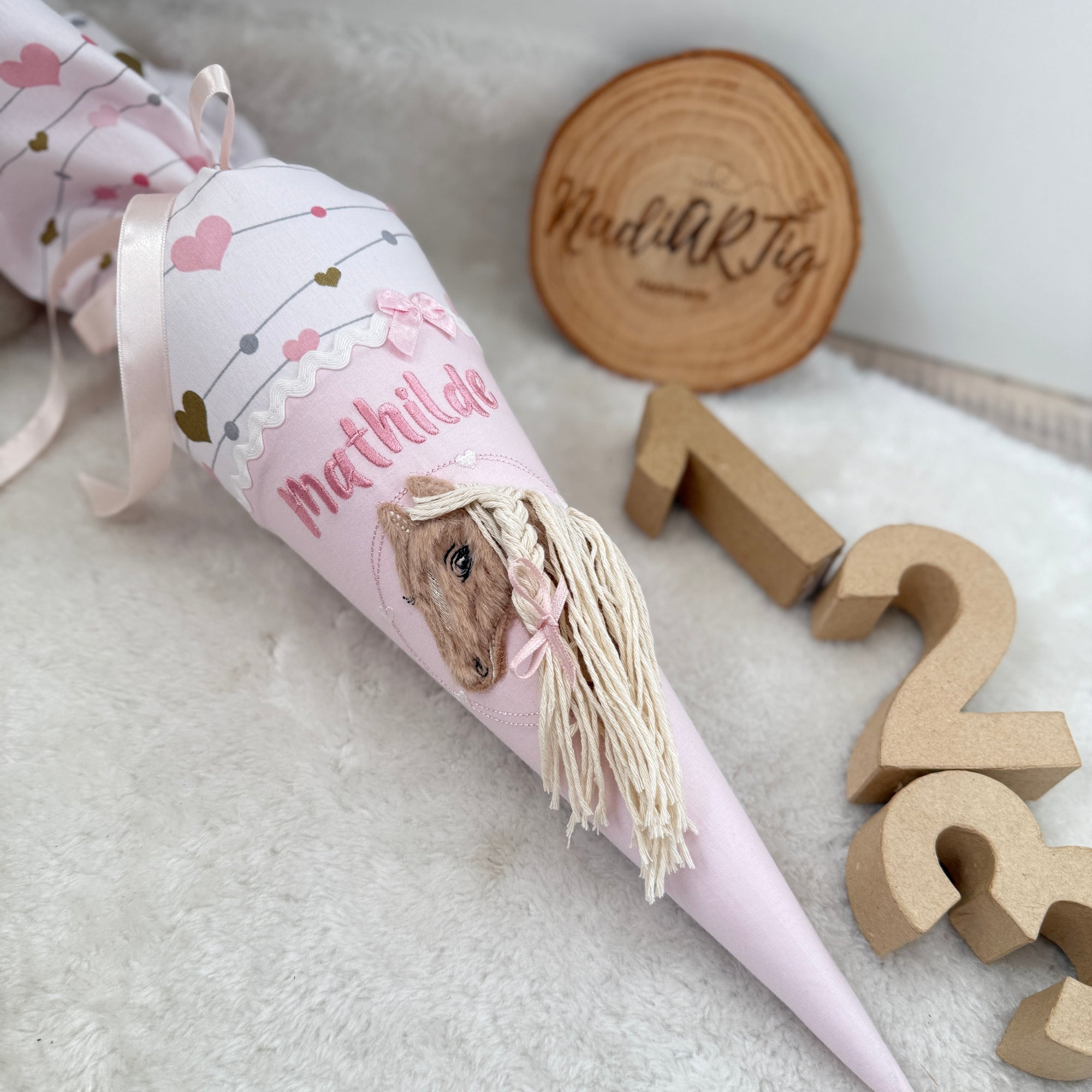 Kindergarten-Schultüte Pferd rosé Herzen (Plüsch)