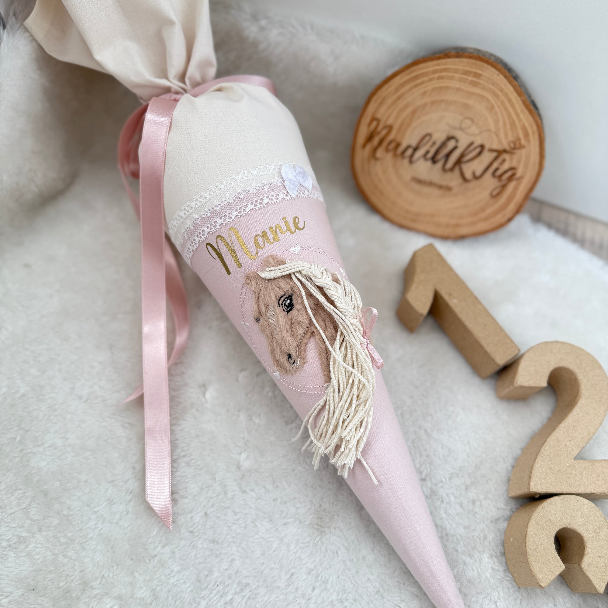 Kindergarten-Schultüte braunes Pferd beige/puder