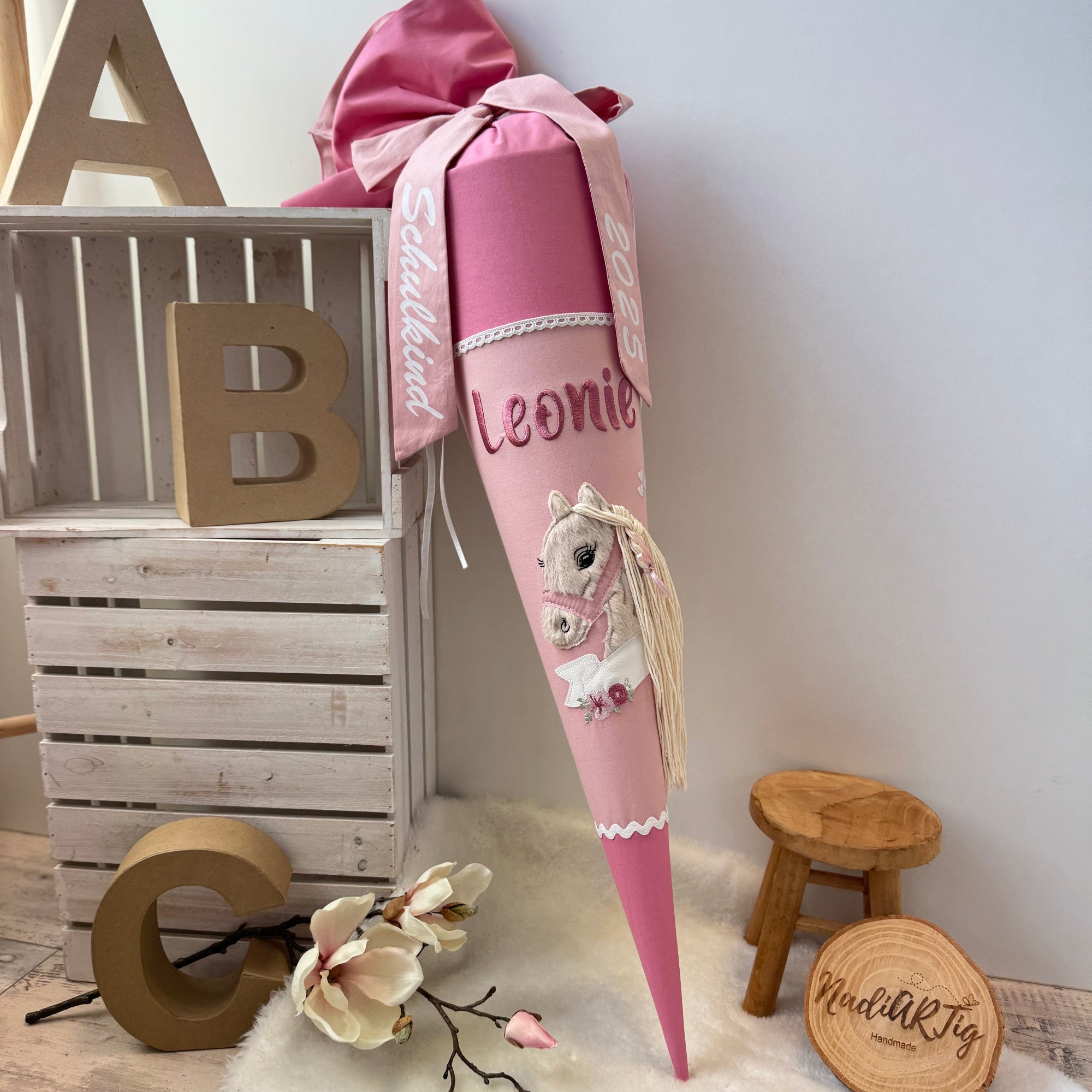 Schultüte Boho-Pony beige in altrosa/puder