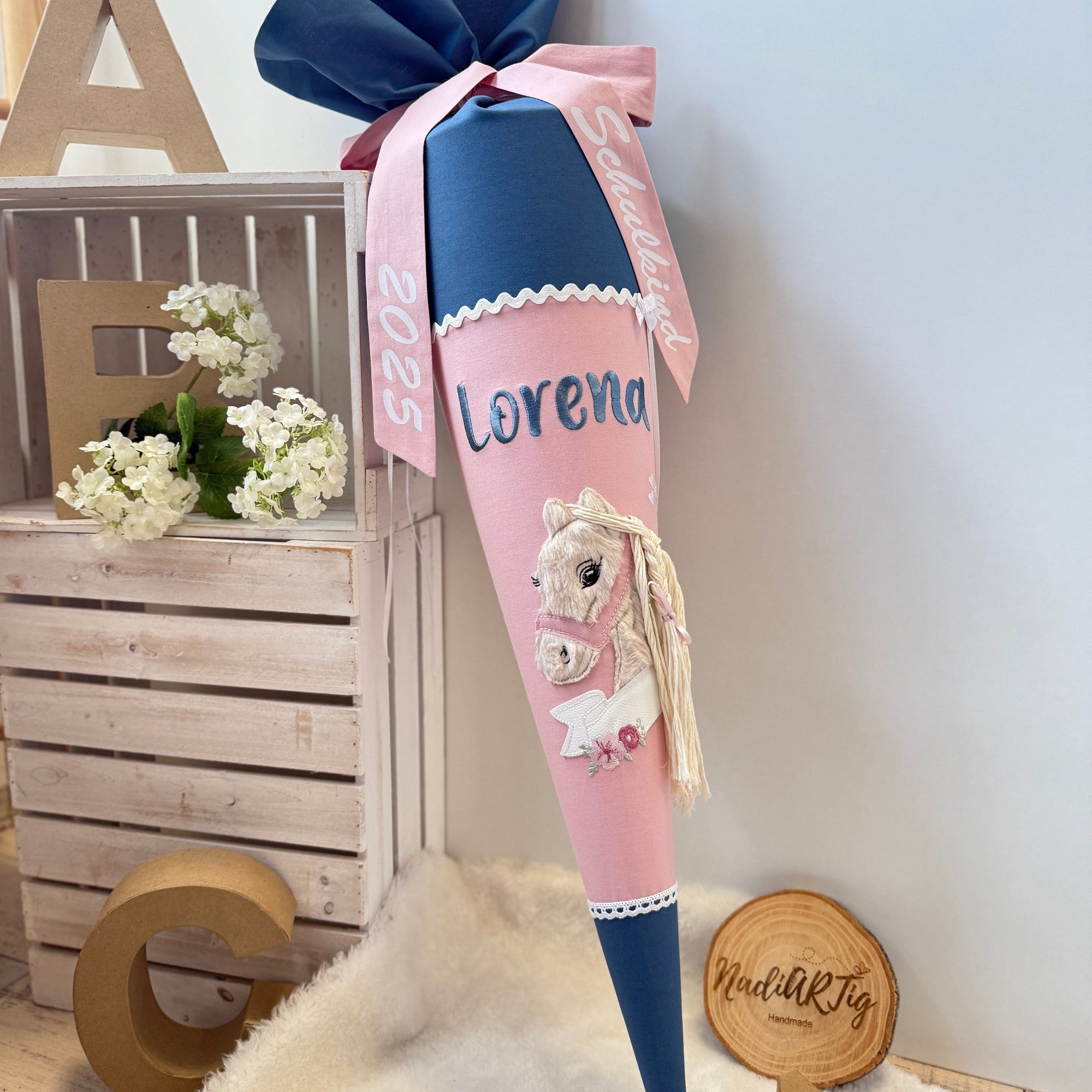 Schultüte Boho-Pony dusty blue/puder