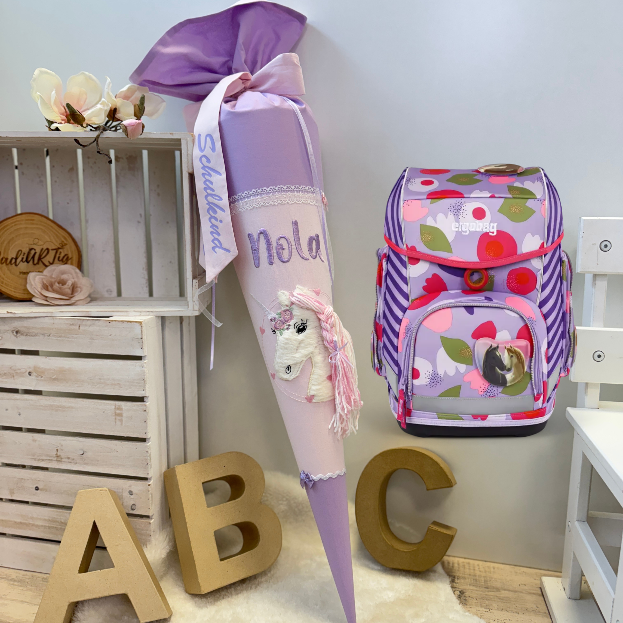 Schultüte Einhorn in flieder/rosé - Blütenzaubär