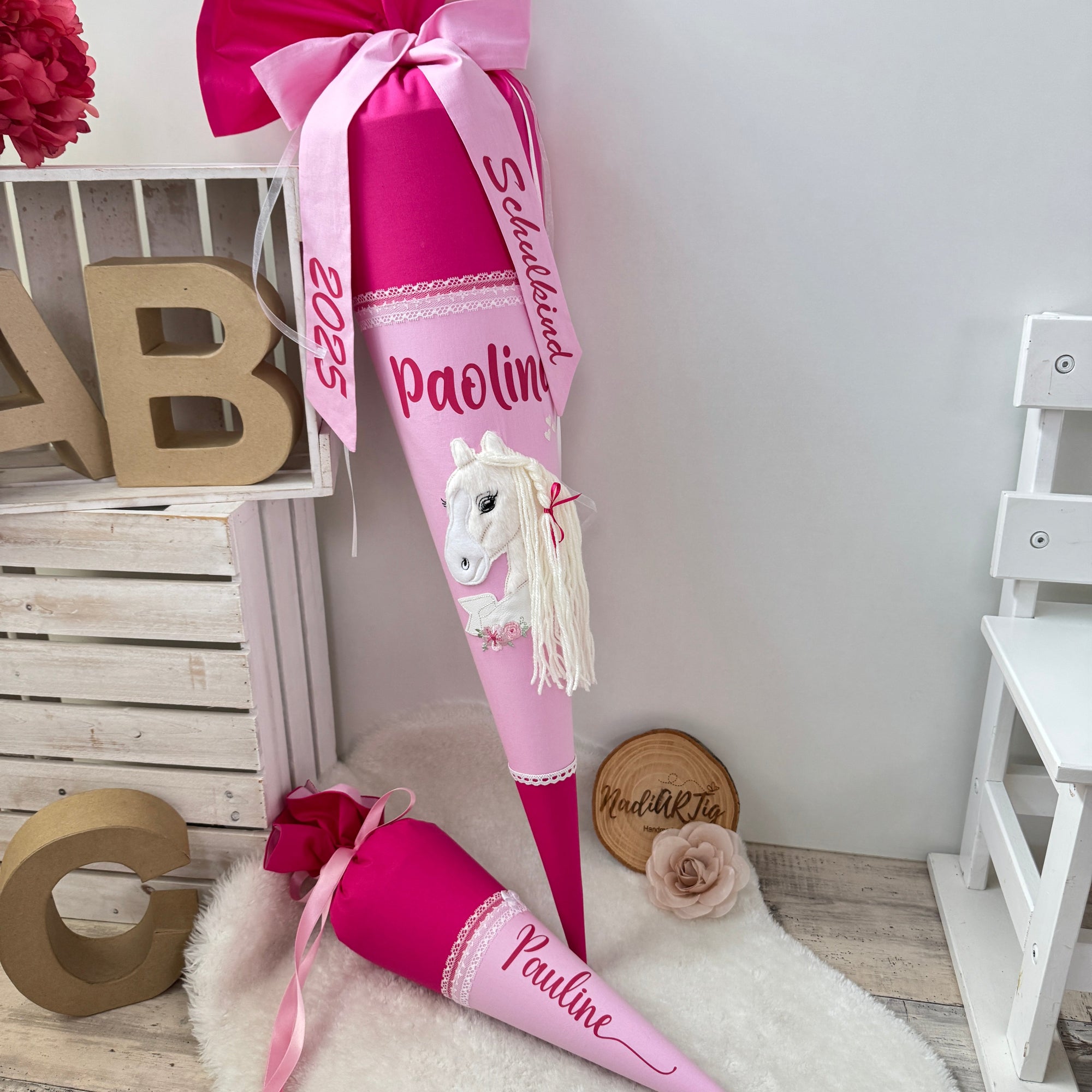 Schultüte Pferd mit Banner/glitzer Mähne in pink/rosa