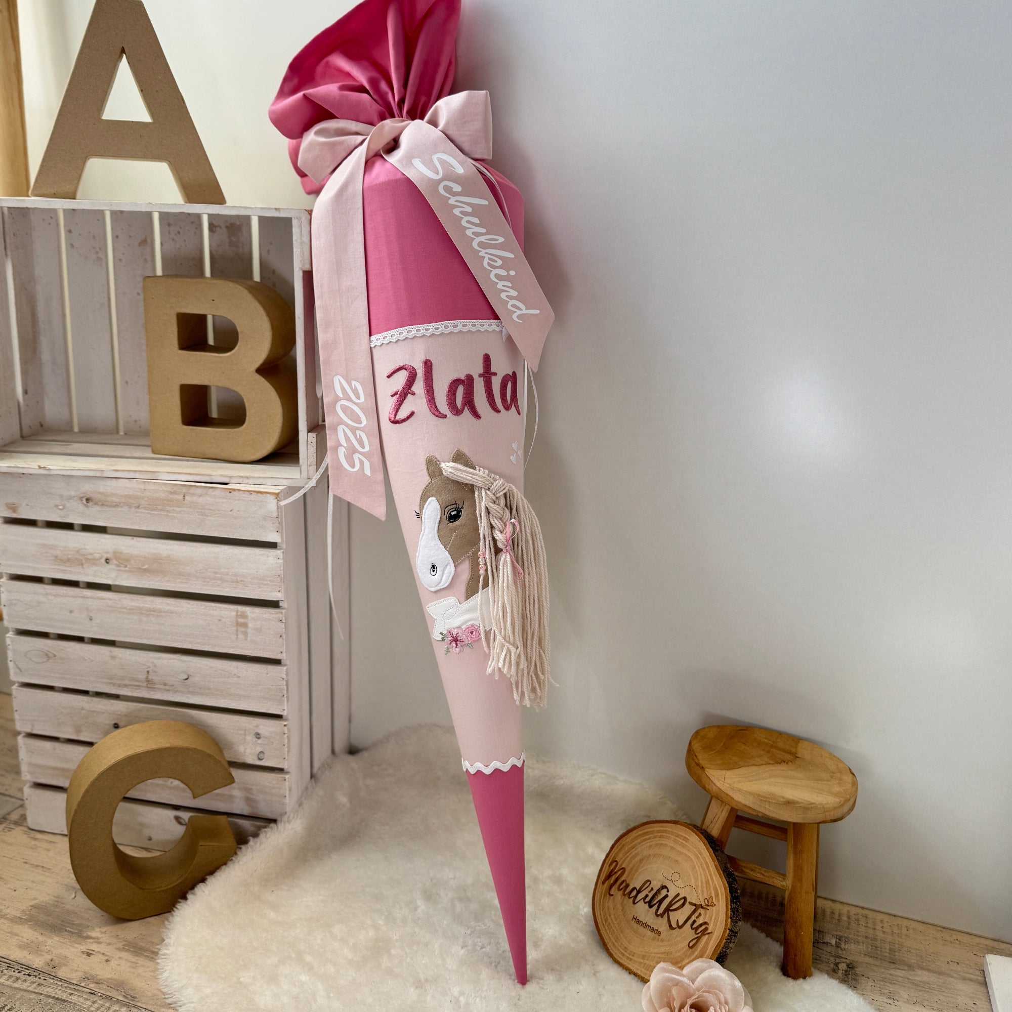 Schultüte Pferd mit Banner in altrosa/rosé
