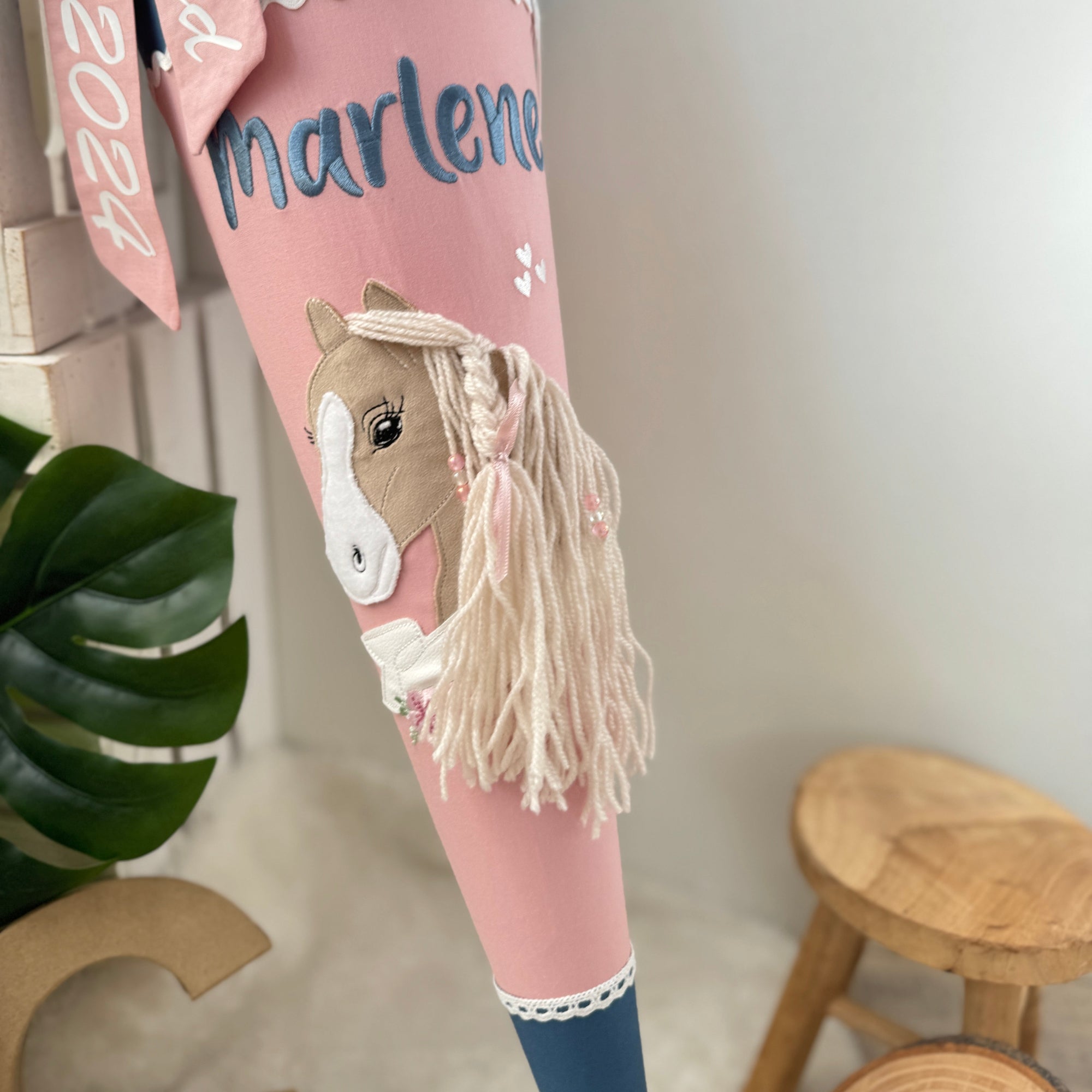 Schultüte Pferd mit Banner in dustyblue/puder