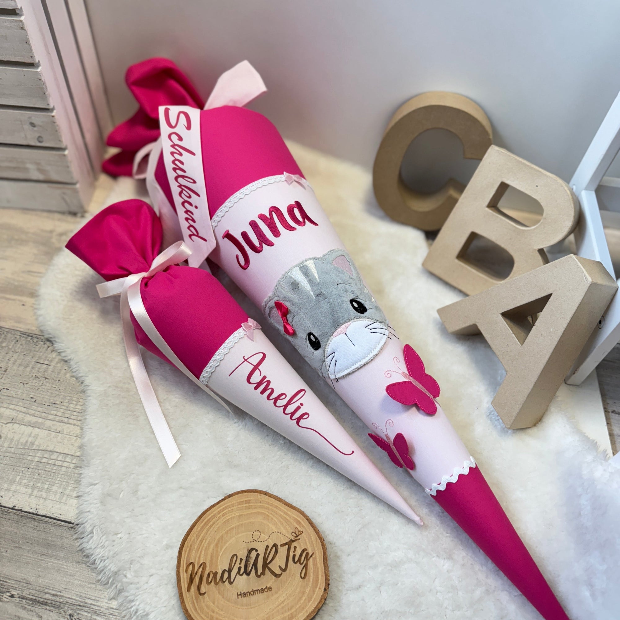 Schultüte graue Katze in pink/rosé