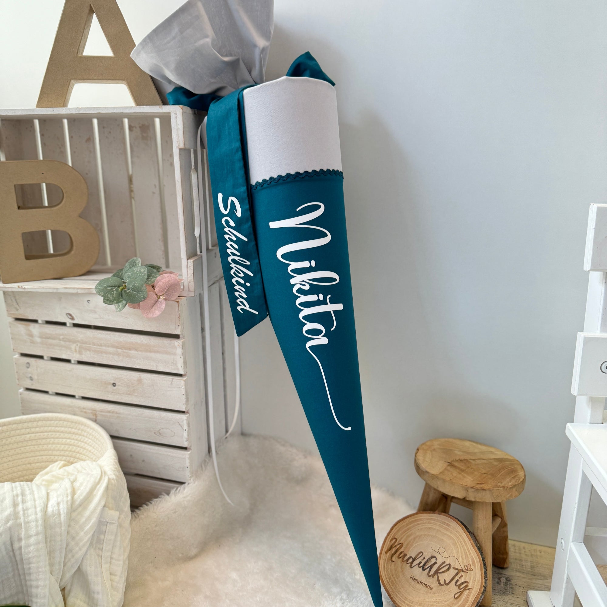 Schultüte junge petrol blau hellgrau mit Namen