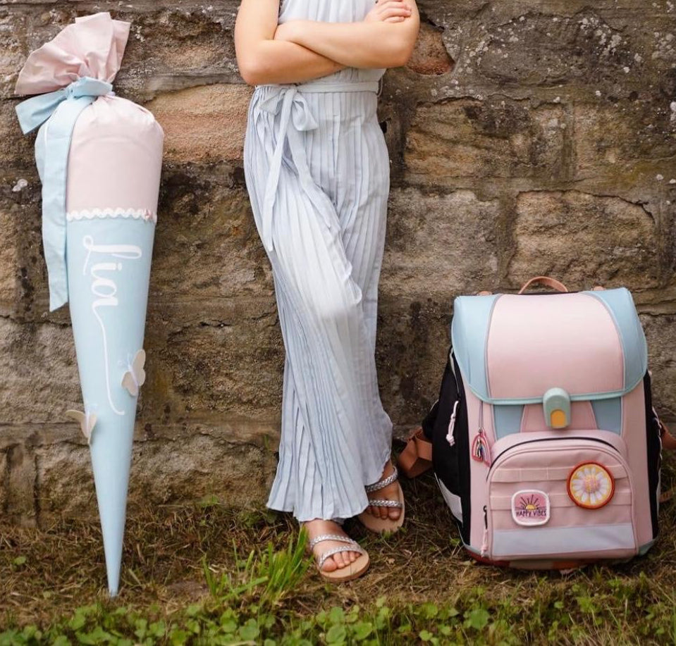 Schultüte lässig Schulranzen rosé und hellblau