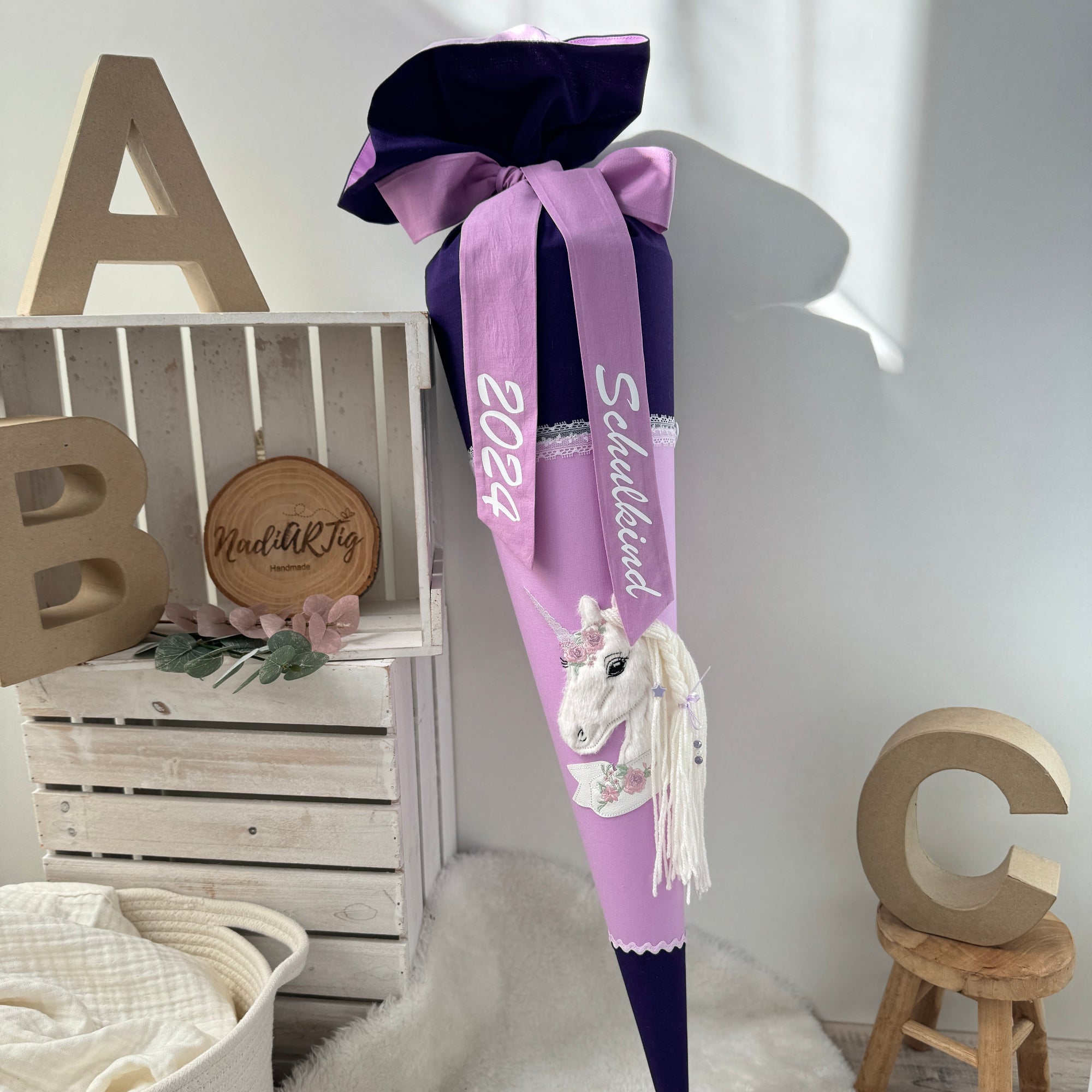 Schultut einhorn weiss mit wollmahne lila flieder