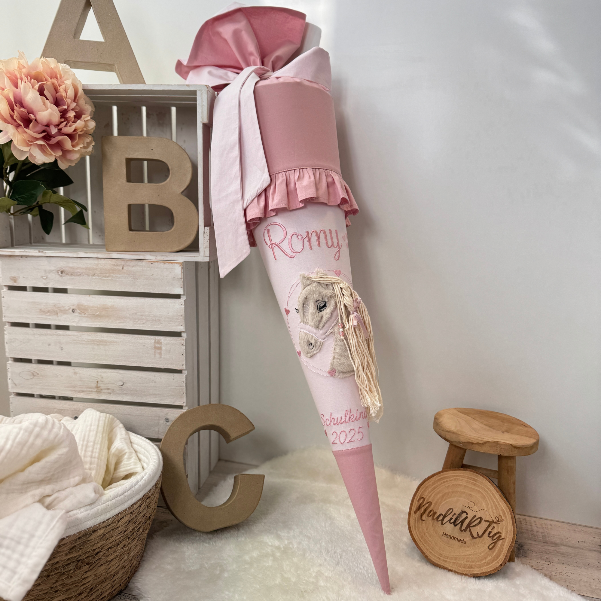 Schultüte Pony mit Halfter in altrosa/rosé