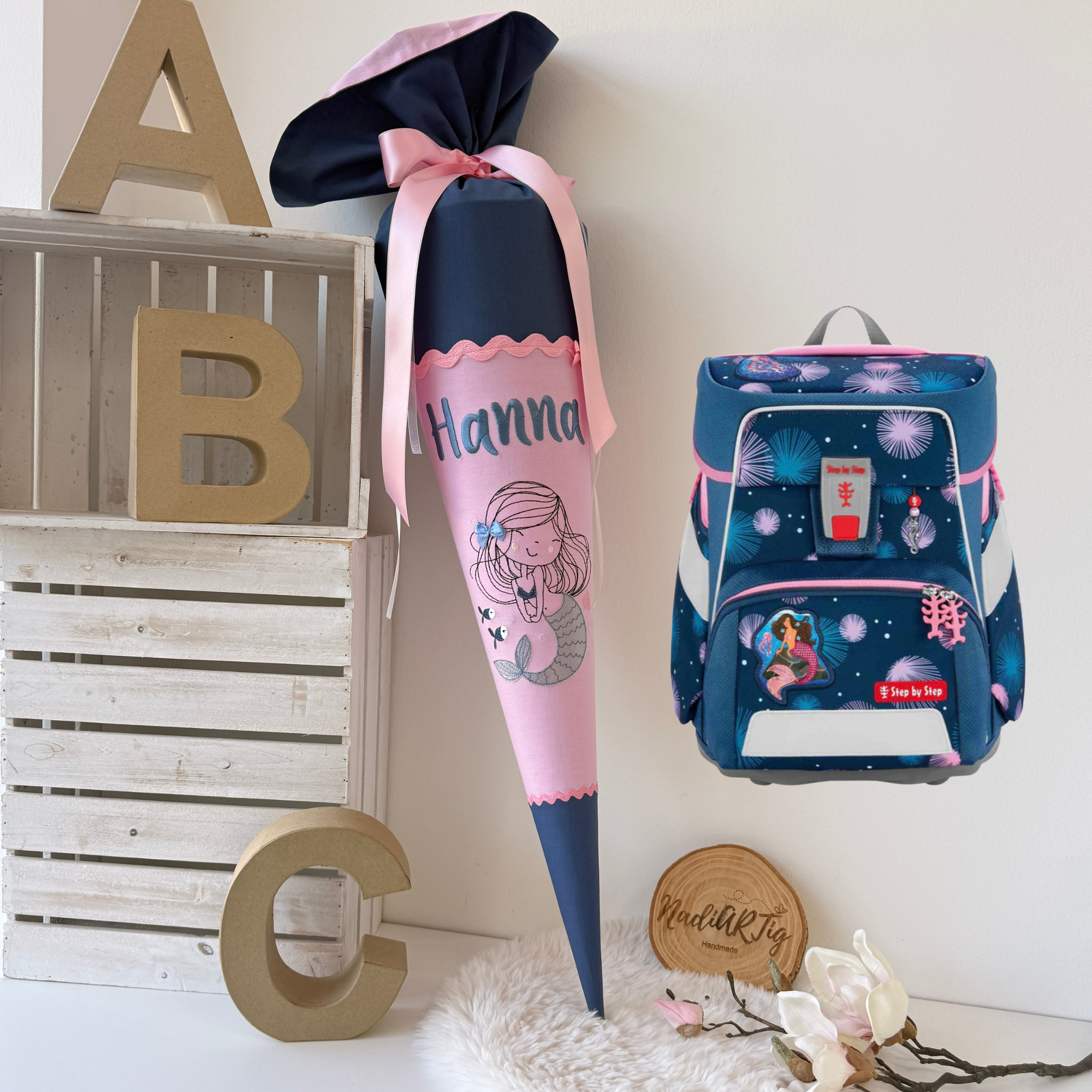 Schultüte mit Meerjungfrau in dusty blue & rosa