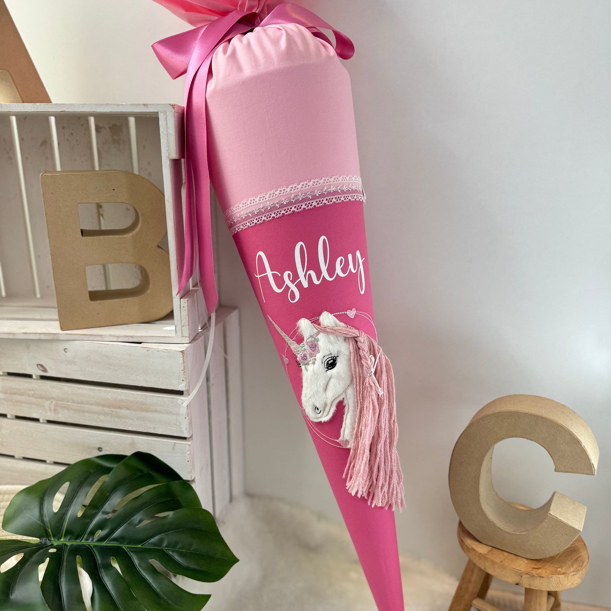 Schultüte Einhorn mit Glitzer-Mähne in altrosa