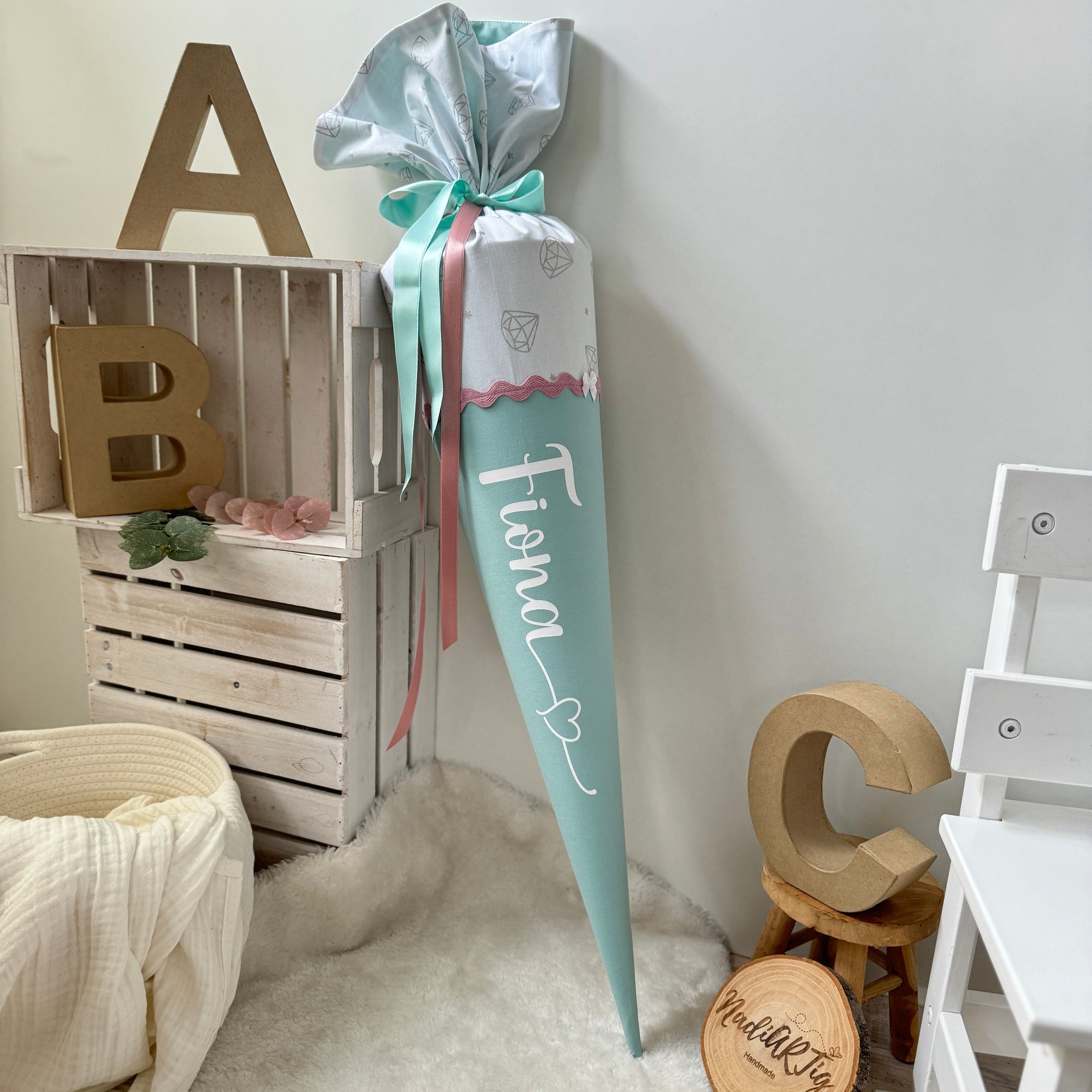 Schultute mint rosa silber mit Namen