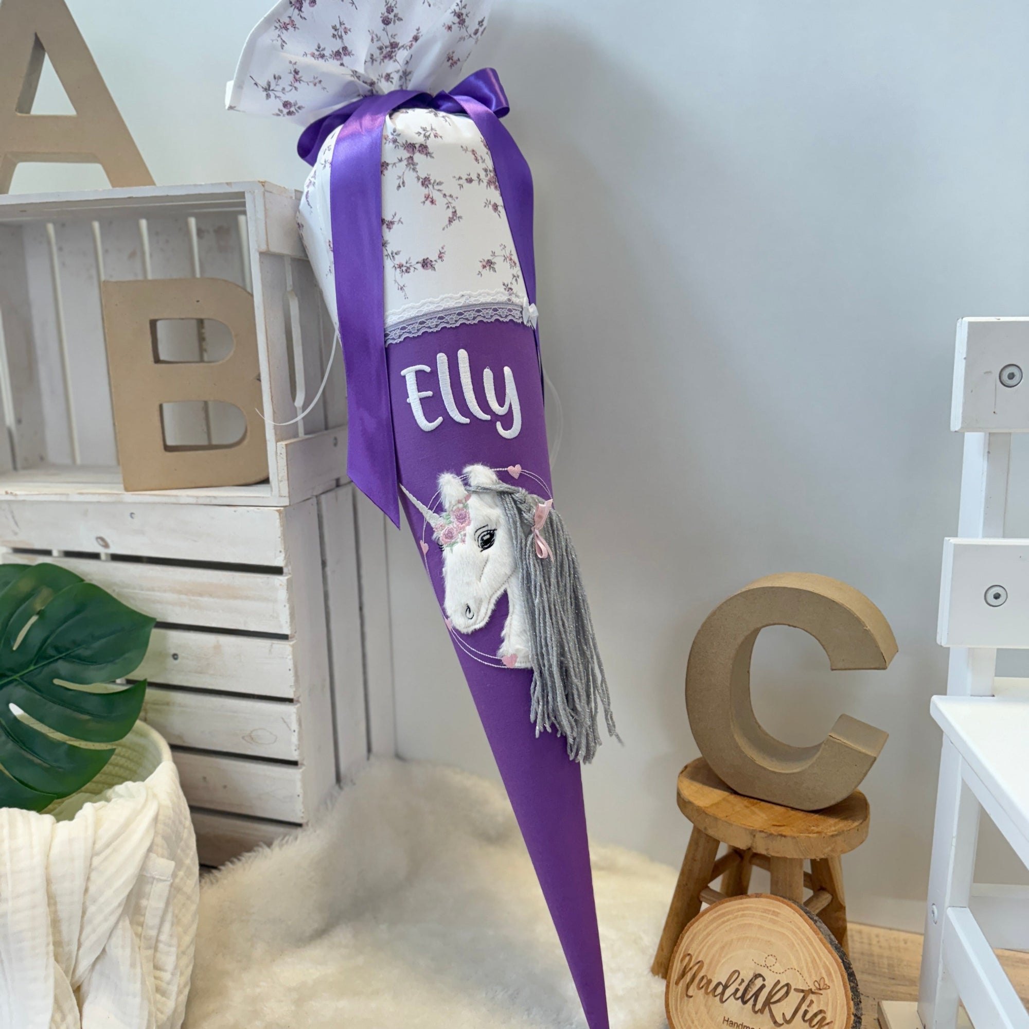 Schultute weißes einhorn silber glitzer lila Blüten