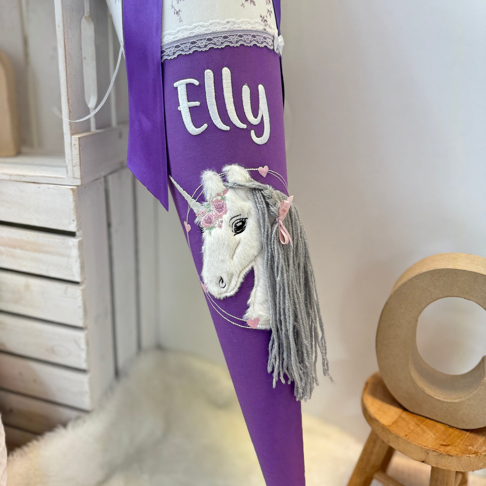 Schultute weißes einhorn silber glitzer lila Blüten