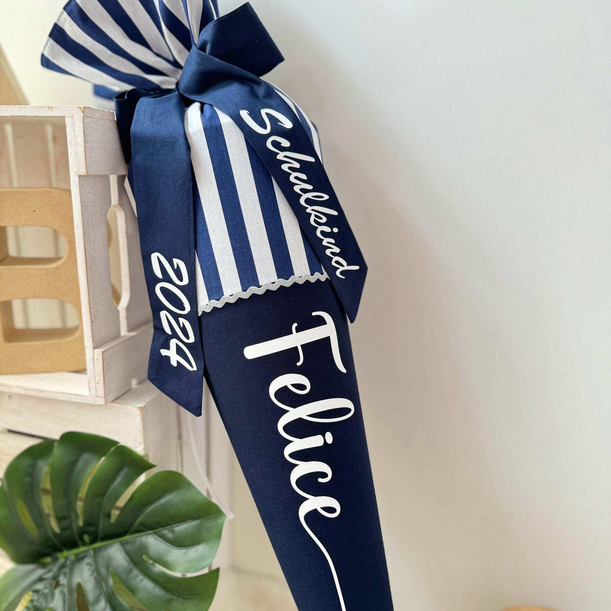 Stoffschultute dunkelblau gestreift mit namen