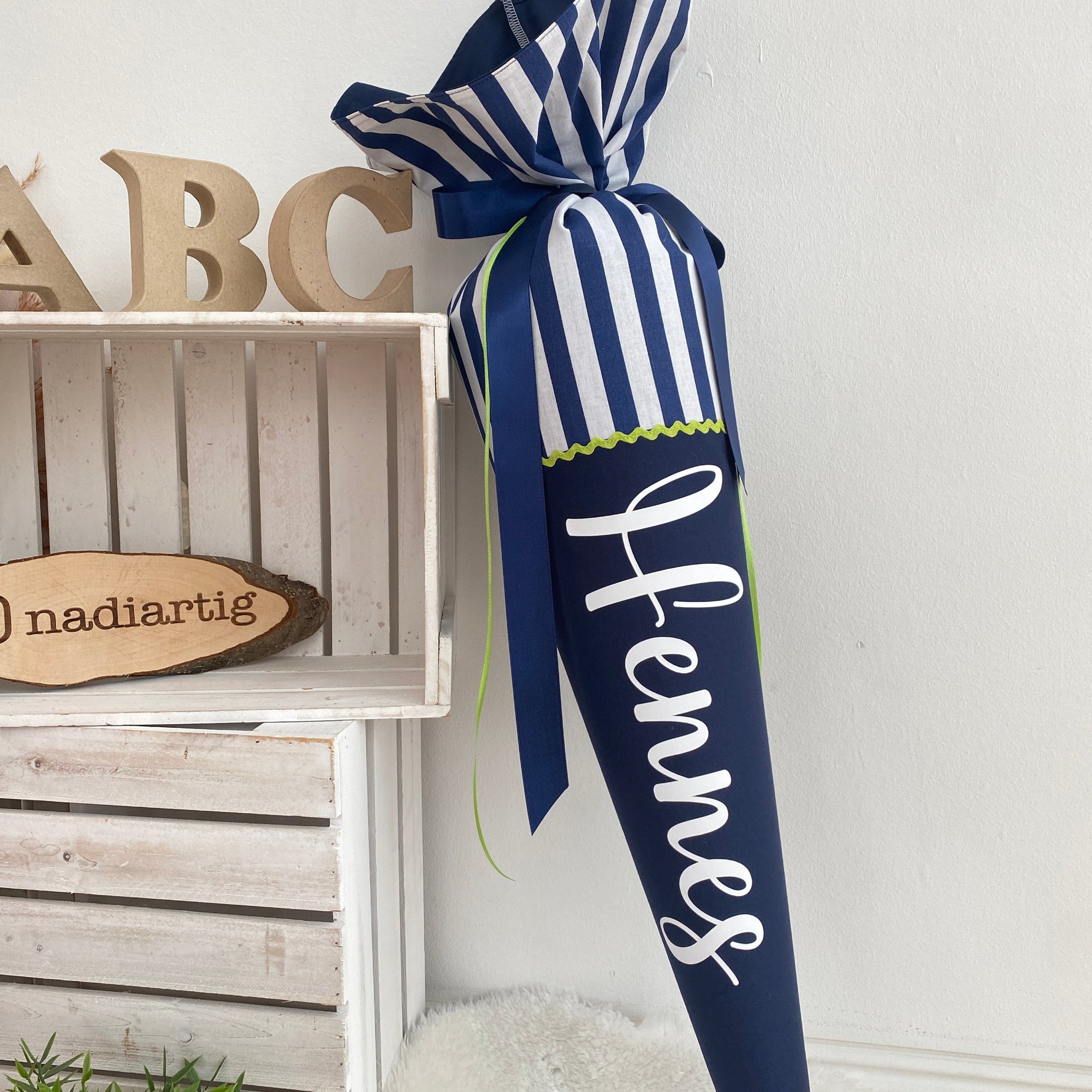 Stoffschultute dunkelblau gestreift mit namen